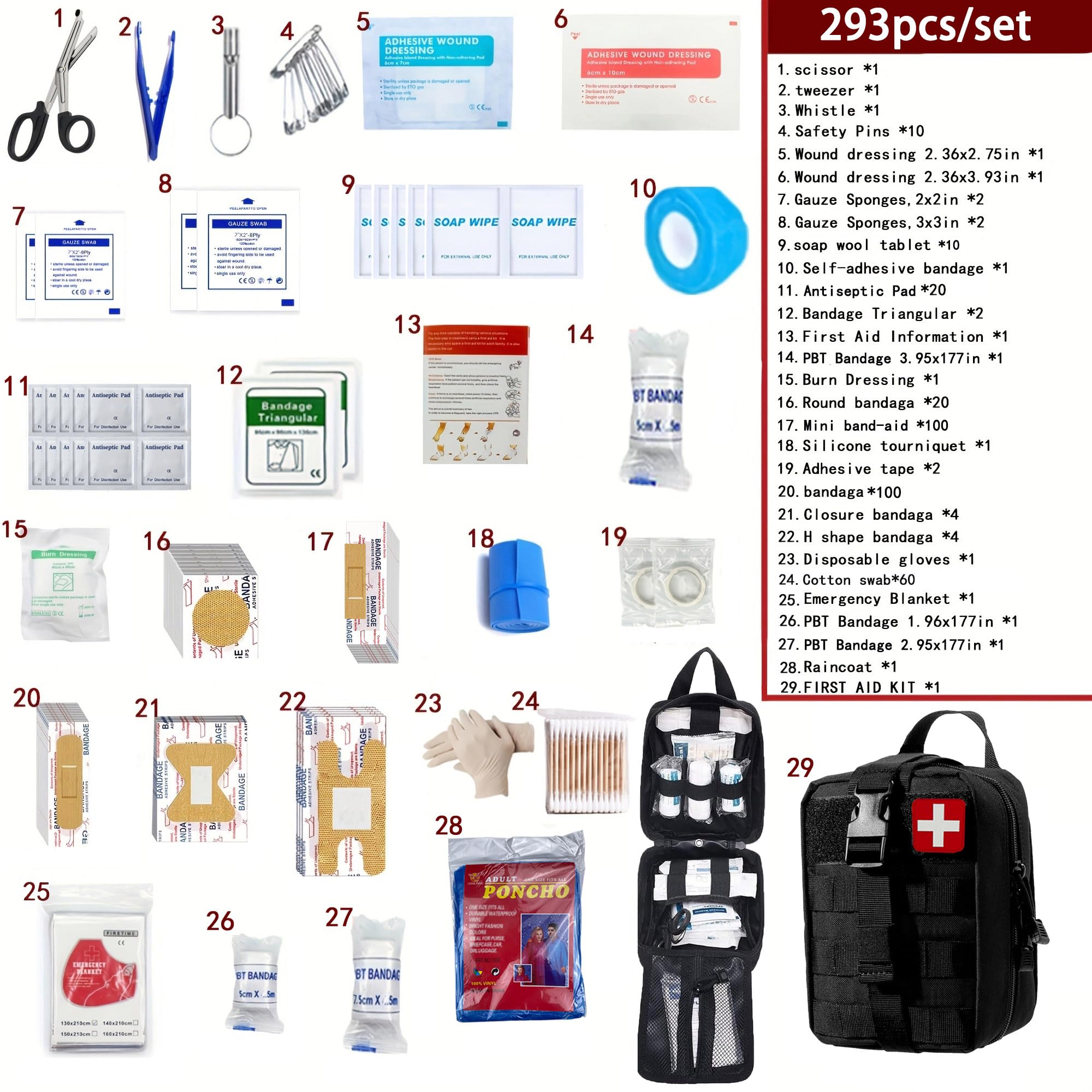 293 szt./zestaw - Apteczka pierwszej pomocy Molle Awaryjny zestaw survivalowy odpowiedni do aktywności na świeżym powietrzu, domu, szkoły, wędrówek, podróży samochodem i kempingu - niezbędnik