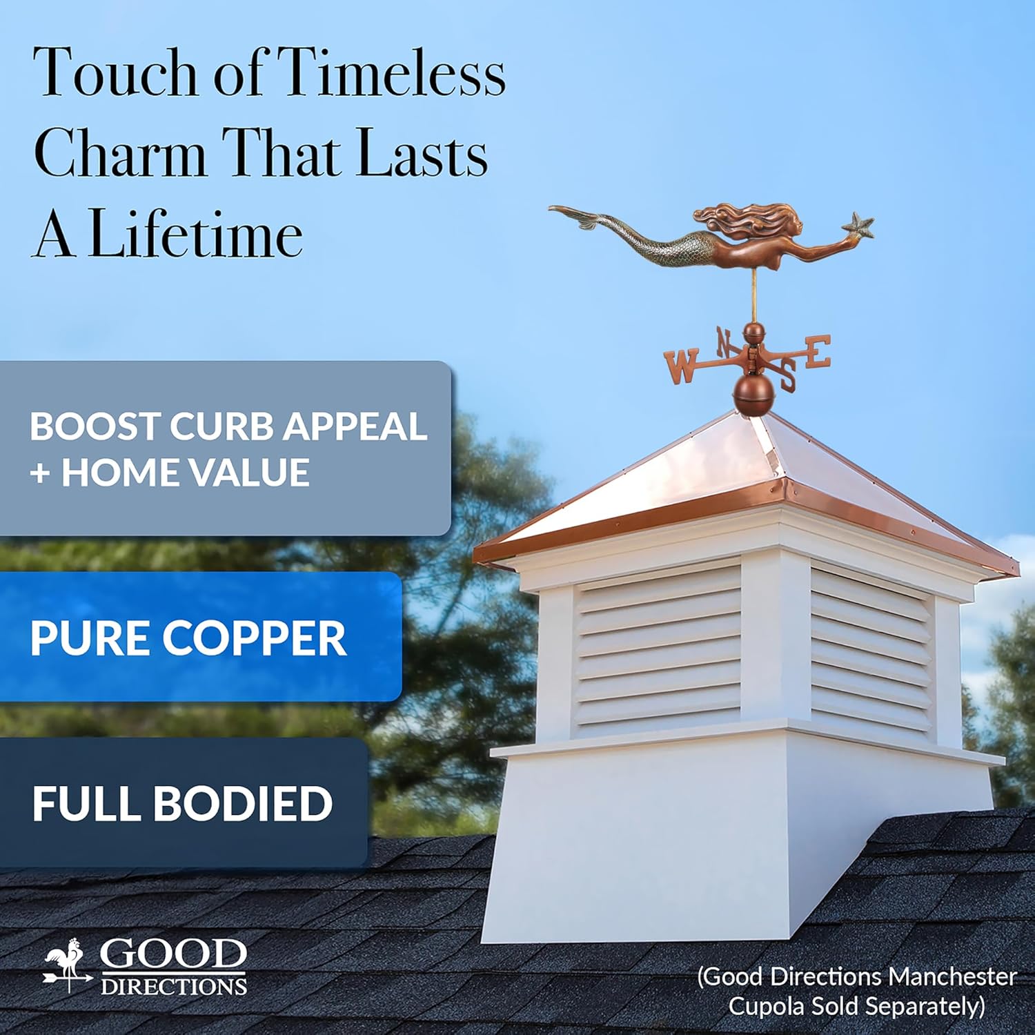 Mermaid with Starfish Weathervane - Pure Copper Hand Finished Multi-Color Patina by Good Directions
