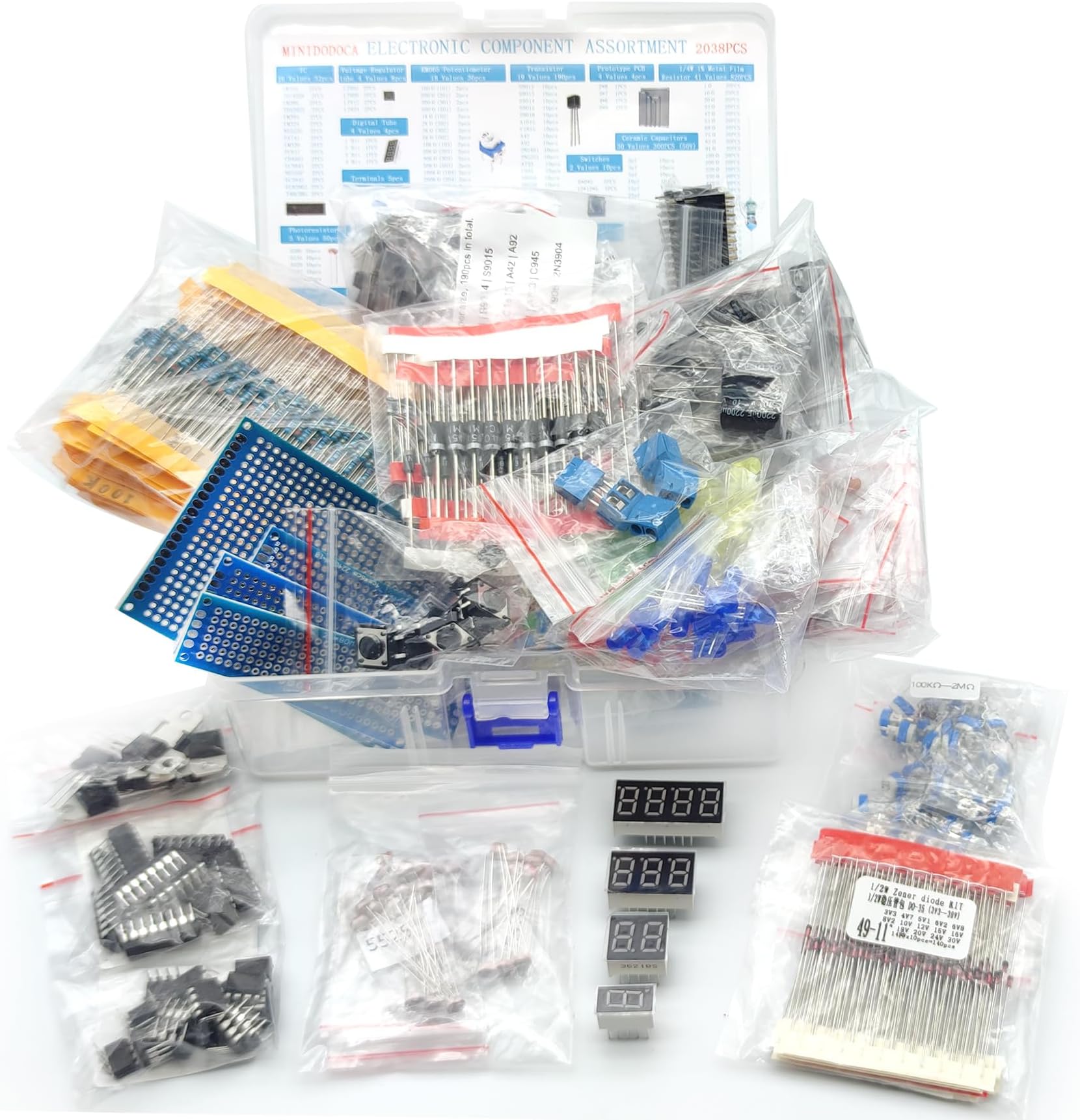 Electronic Component Kit & Total 2038 Pcs, LED Diodes, Metal Film Resistors, Electrolytic Capacitor Package,Diodes, Ceramic Capacitors,IC,PCB,Digital Tube, Common Transistor Assortment Box