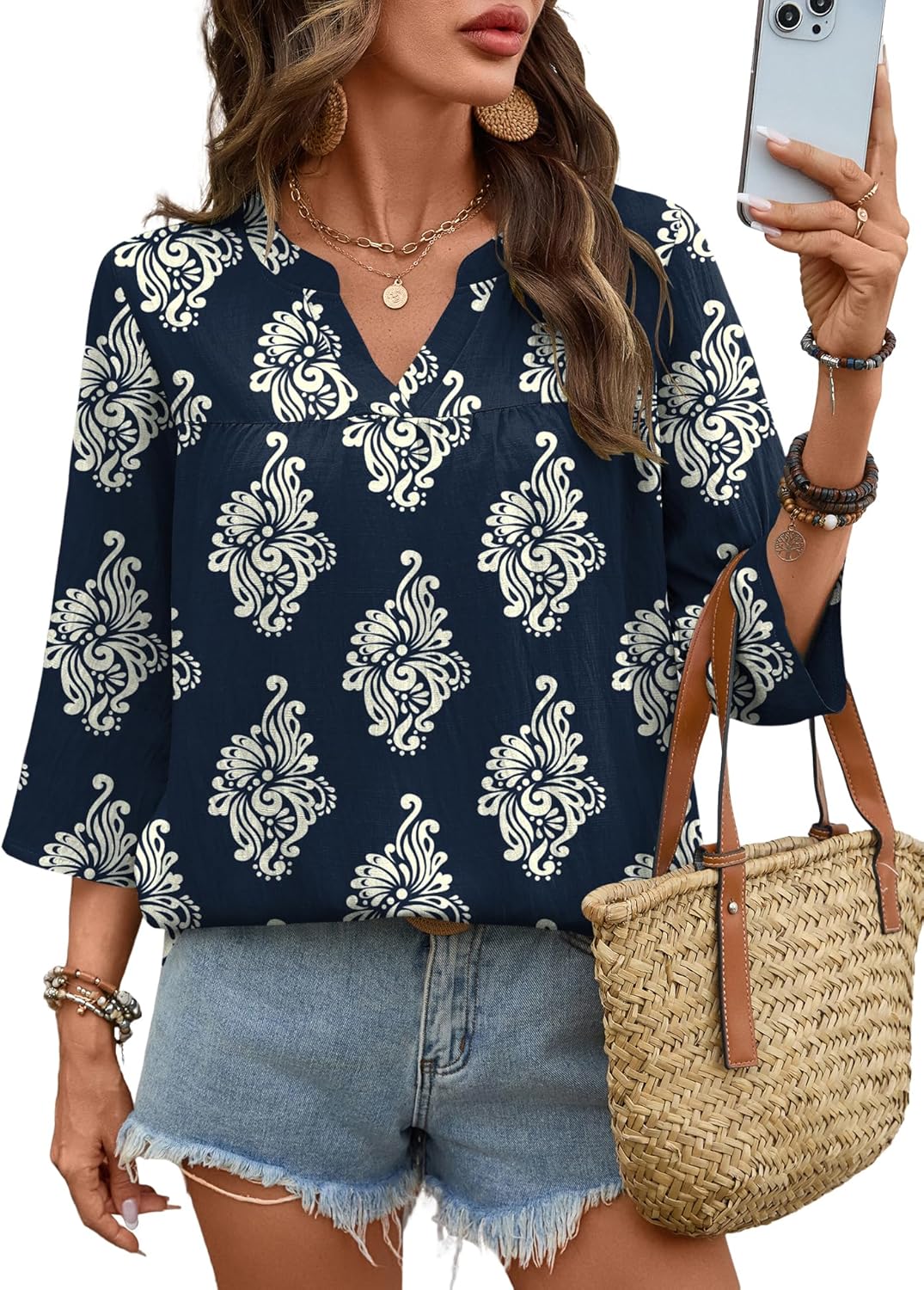 Rapbin Womens 3/4 Sleeve V Neck Floral Print Pleated Blouses for Women Dressy Casual Loose Fit Tops - Image 2