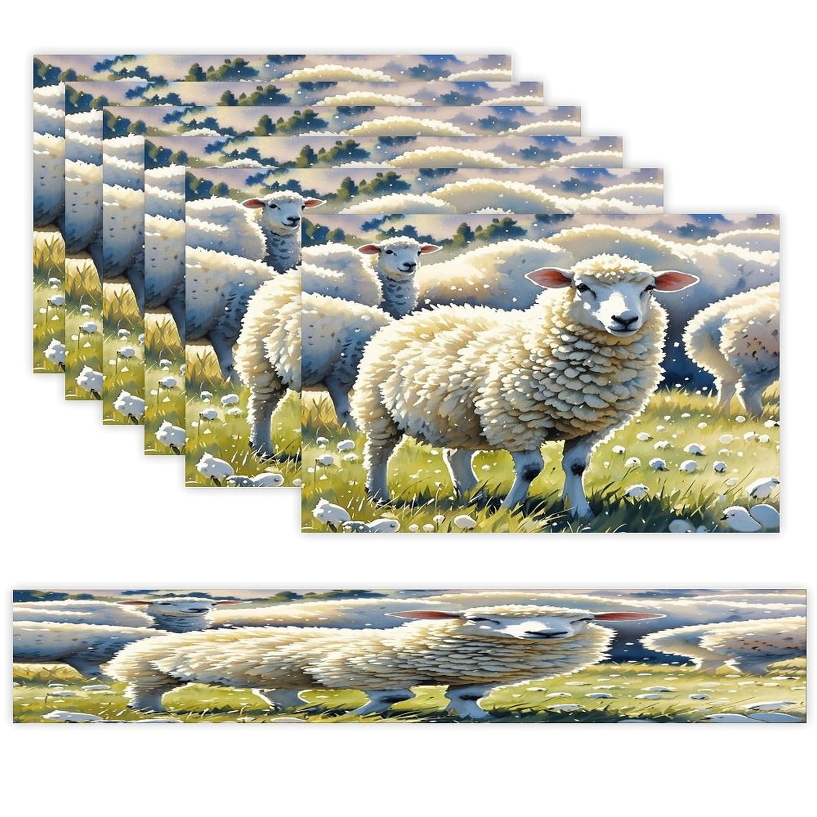 Sheeps Watercolor Table Runner and Placemats Set of 6 Heat Resistant Washable Table Runners Dining Mat Sets Modern Cloth Place Mats Linen Table Decor for Kitchen Dining Room