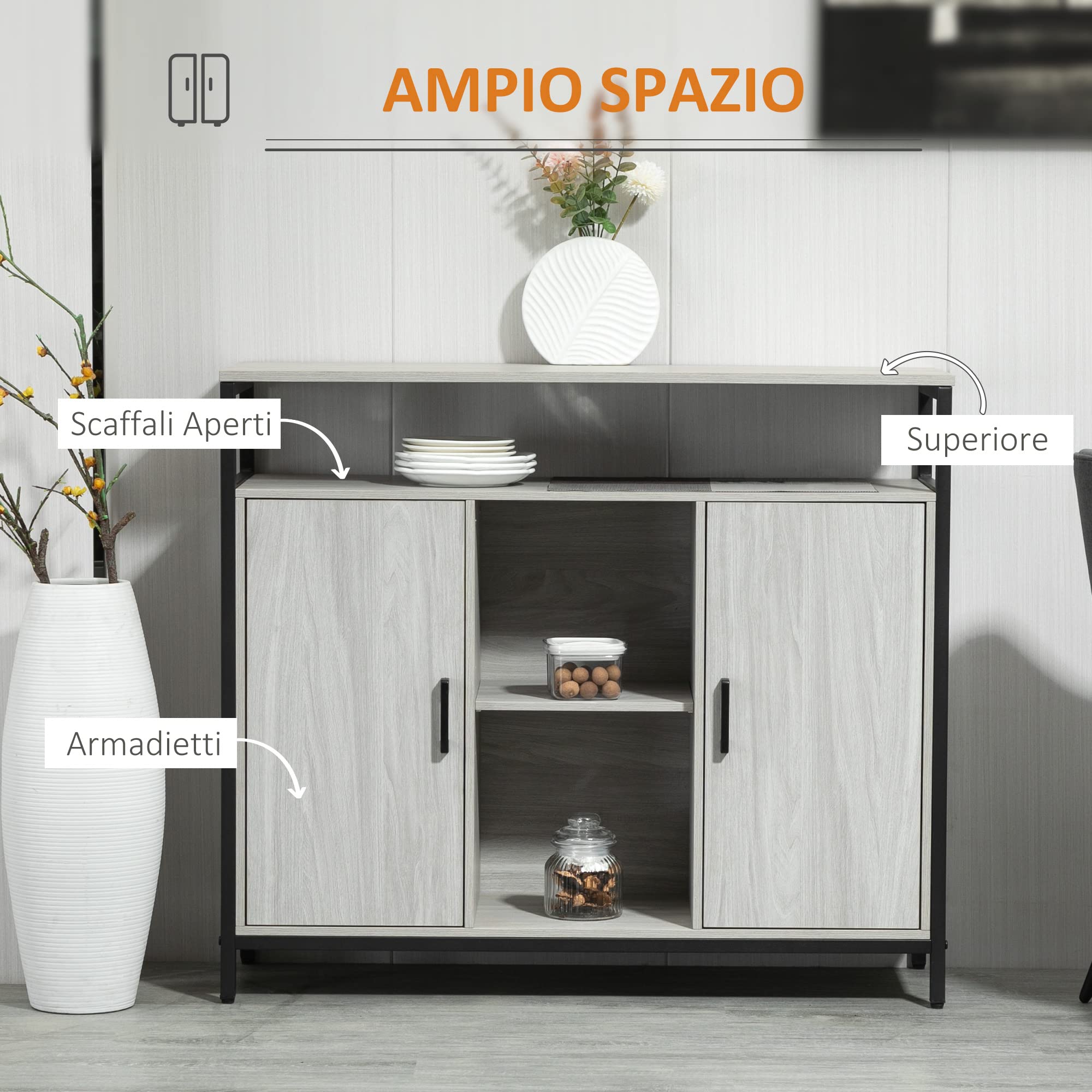 HOMCOM Credenza Moderna in Legno Mobile Cucina 100x34x87.2cm Grigio Chiaro | 2 Armadietti e Ripiani, per Ingresso
