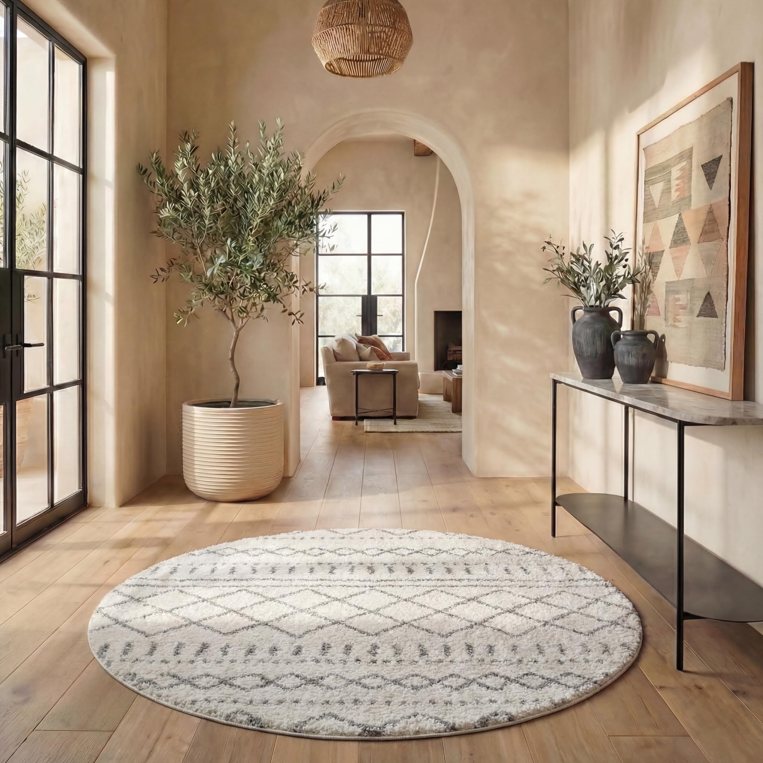 SAFAVIEH Arizona Shag Collection Area Rug - 5'1" Round, Ivory &amp; Grey, Moroccan Boho Design, Non-Shedding &amp; Easy to Clean, Ideal for Living Room, Bedroom, Dining Space (ASG741F)