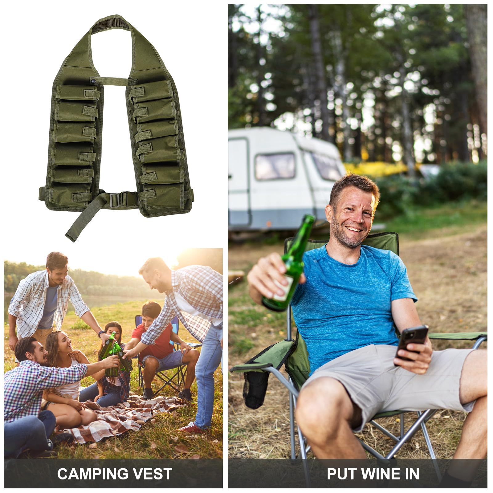 Fenical Ceinture Porte-bière Épaisseur Confortable et Résistante aux Rayures Ajustable en Toile Verte Plusieurs Poches Sorties Camping