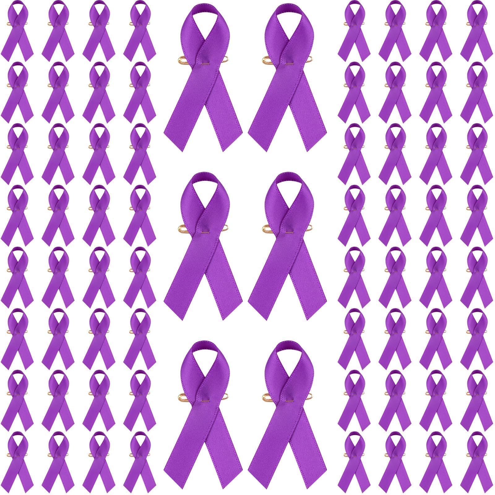Halatool 100 PCS Purple Awareness Satin Ribbon Safty Pins Reusable Domestic Violence Overdose Pancreatic Cancer Alzheimer’s Awareness Lapel Pins for Society Events Funeral Memorial