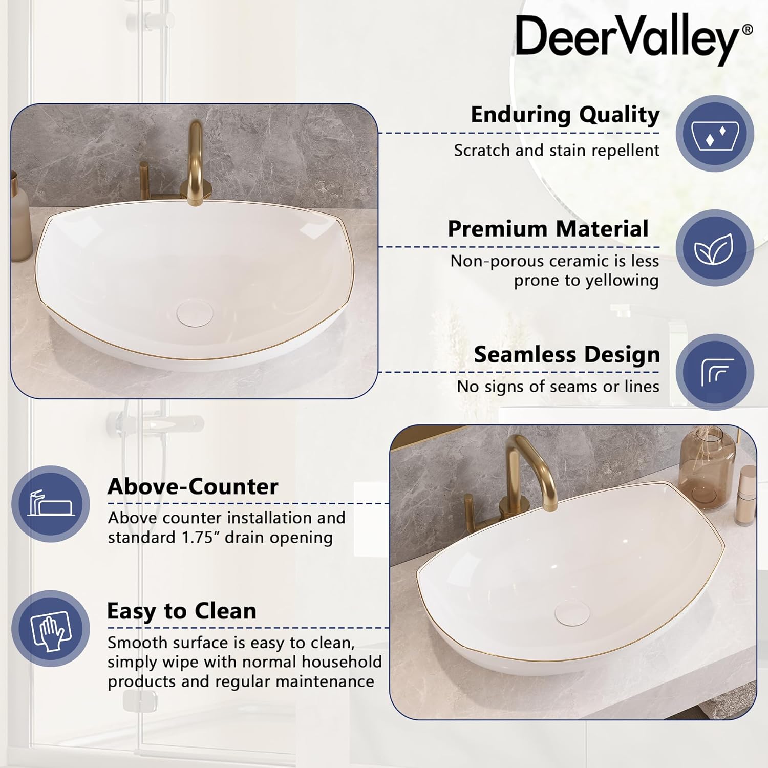 DeerValley 22x16 Inch Boat-Shaped Bathroom Vessel Sink, White Ceramic Vanity Sink with Gold Striped Edge, Above Counter Modern Basin, DV-1V0319