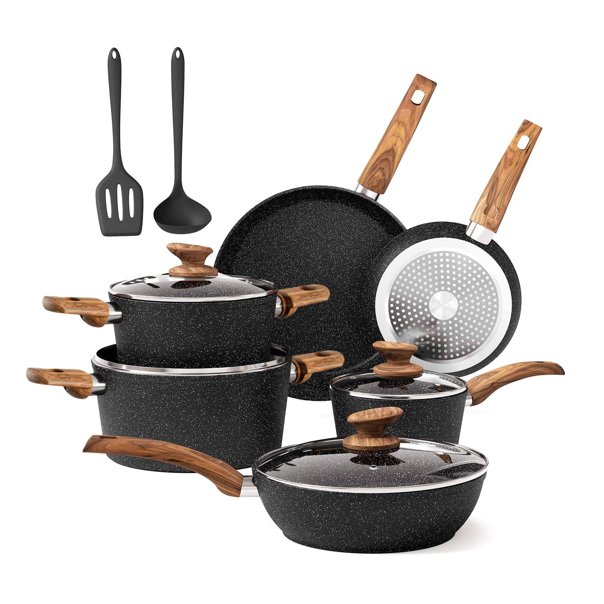DishDelight Pots and Pans Sets Non Stick Induction Hob Pan Set 12pcs Saucepan Set with Lids Granite Cookware Nonstick Cooking Pot Frying Pan
