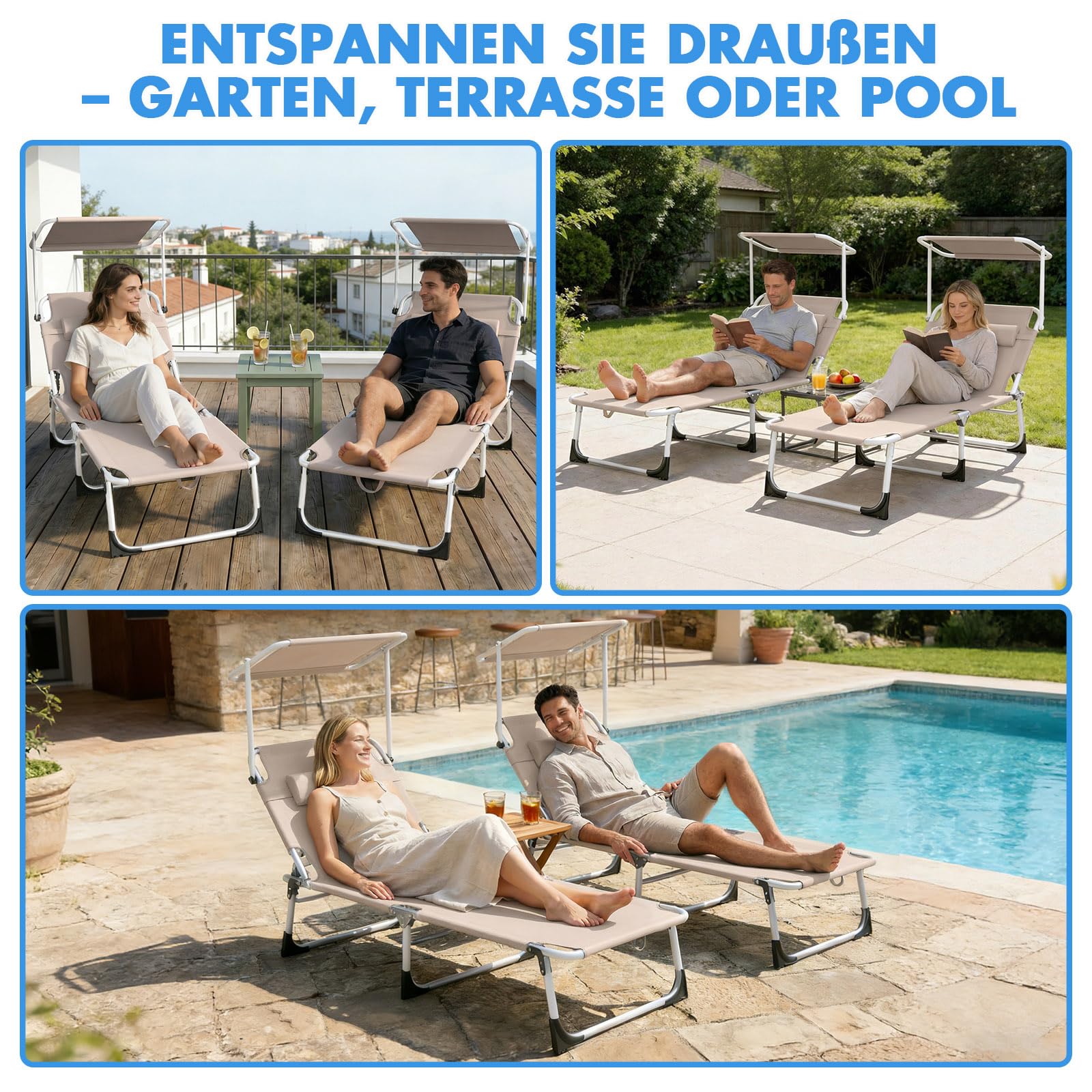 Huracan Groß Sonnenliege klappbar, Gartenliege mit Dach, Liegestuhl mit 4-fach verstellbarer Rückenlehne & Kopfkissen, tragbare Outdoor Campingliege bis 100 kg belastbar, Strandliege Relaxliege, Khaki