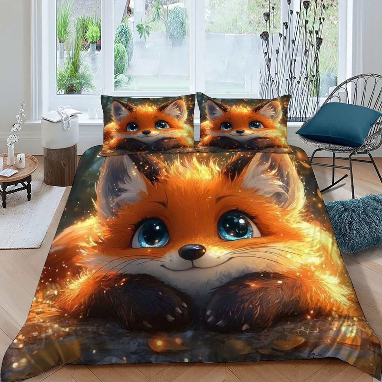 Fox Leaf Bedding Set Theme Bedspread Animal Themes Wildlife Duvet Cover Set Microfiber Comforter Cover Universal for All Seasons with Pillowcase King（220x240cm）