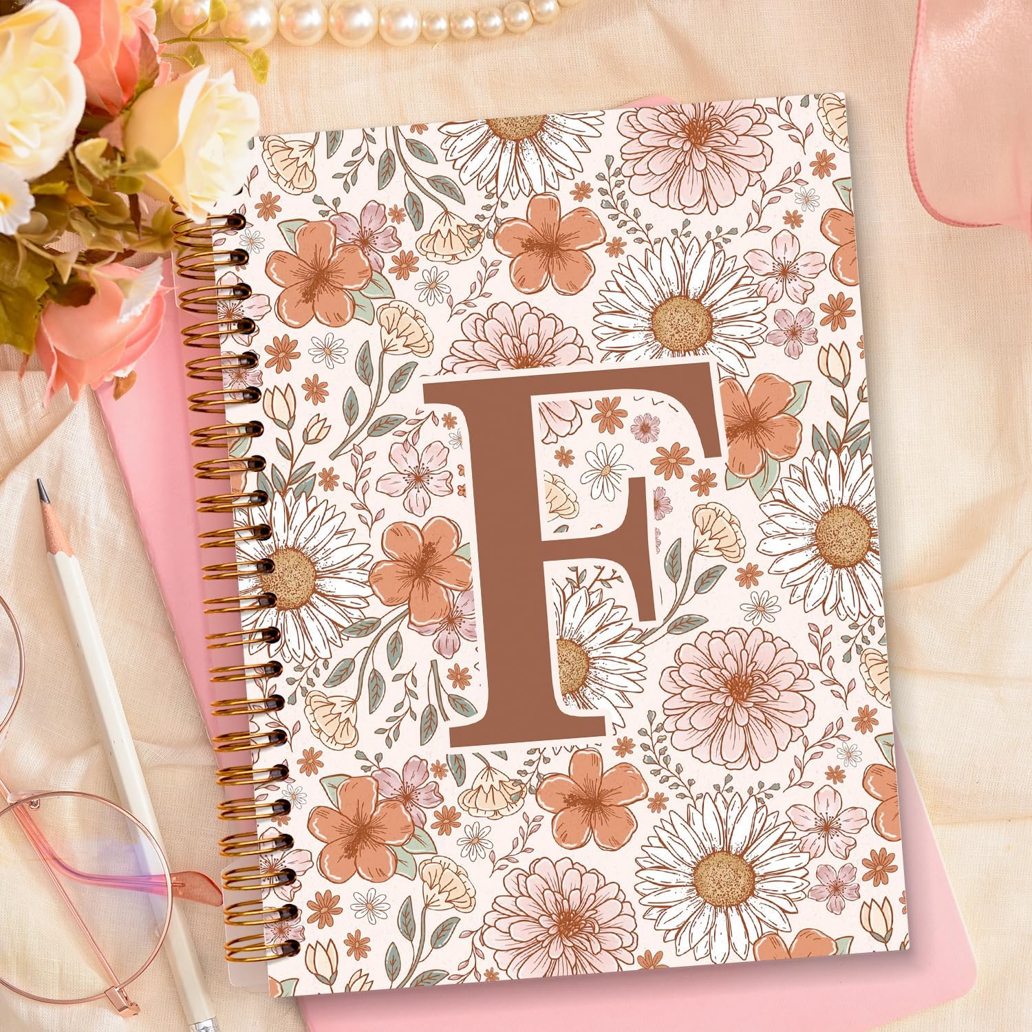 Retro Boho Botanical Initial F Spiral Journal Notebook for Women image 5