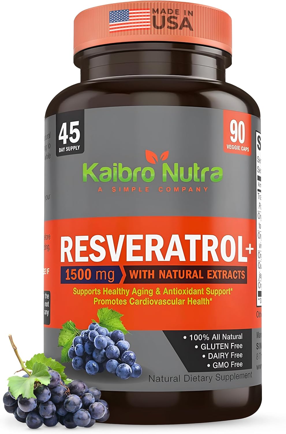 Kaibro Nutra Resveratrol Supplement, 1500mg Extra Strength Trans Resveratrol, Quercetin with Japanese Knotweed Extracts, Anti-Aging, Radiant Skin and Immunity Support, Vegan & Non-GMO, 90 Capsules