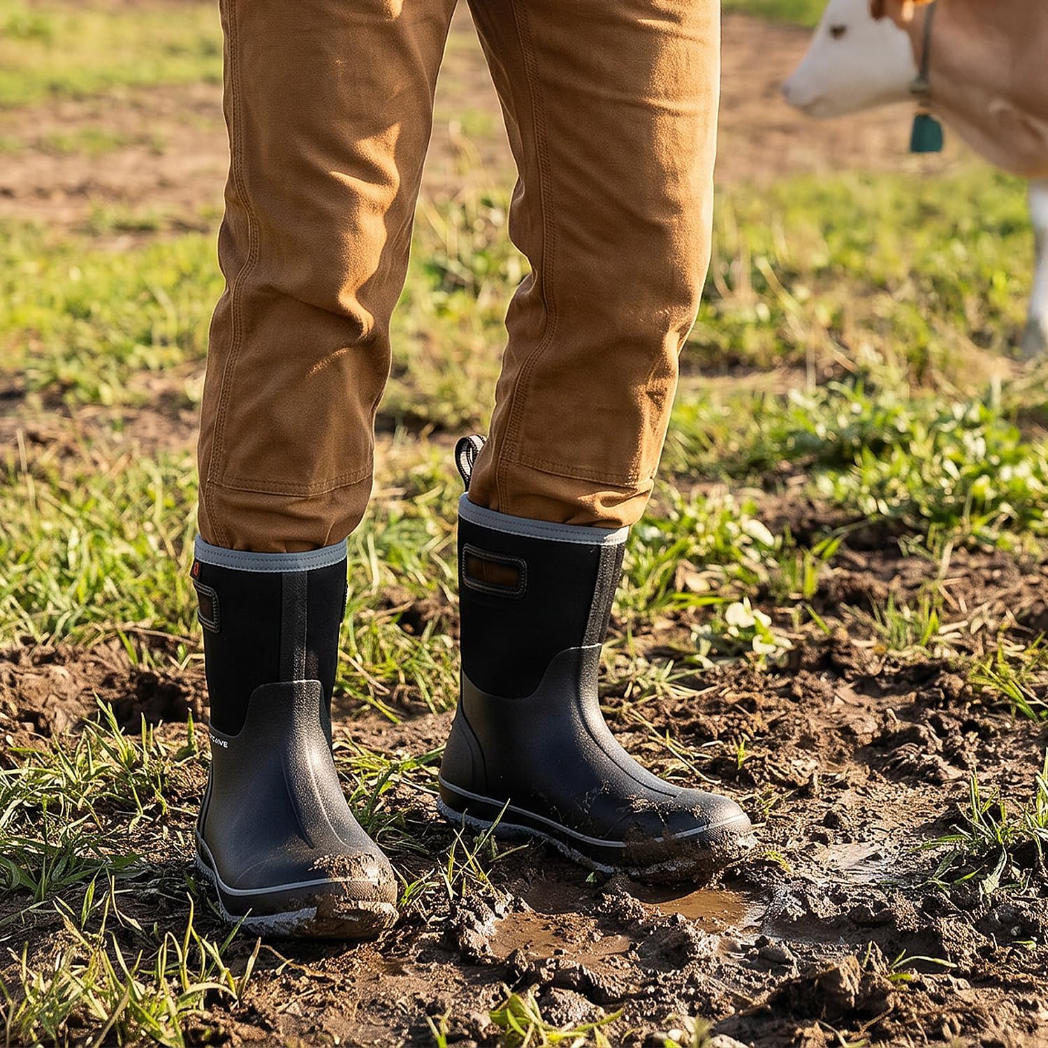 Trudave Rubber Rain Boots for Men, Neoprene Waterproof Rain Boots, Mid Calf All-Season Mud Boots, Insulated Warm Outdoor Work Shoes for Hunting, Gardening, Farming, Yard Working