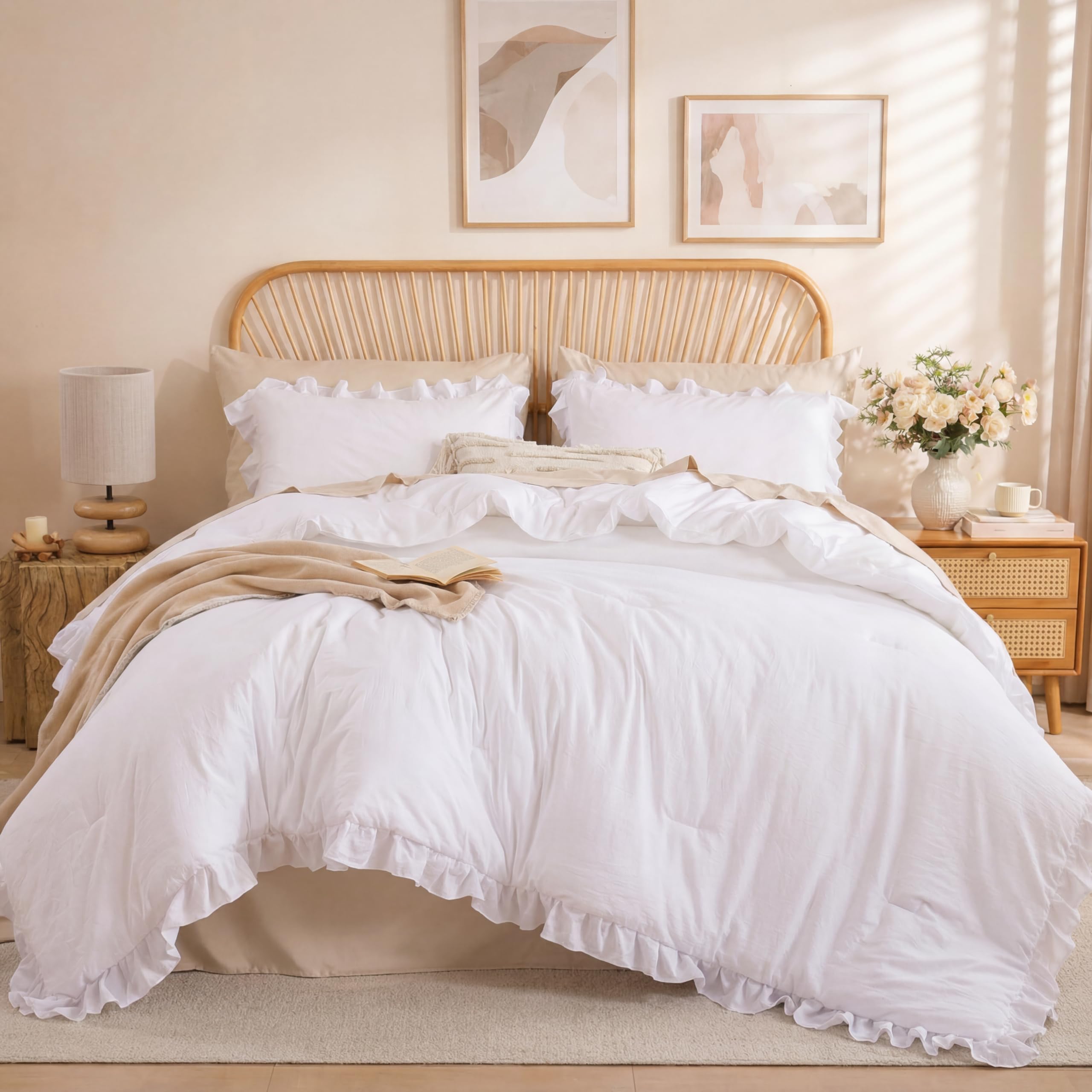 JANZAA White Comforter Set Twin, Ruffle Soft Bedding