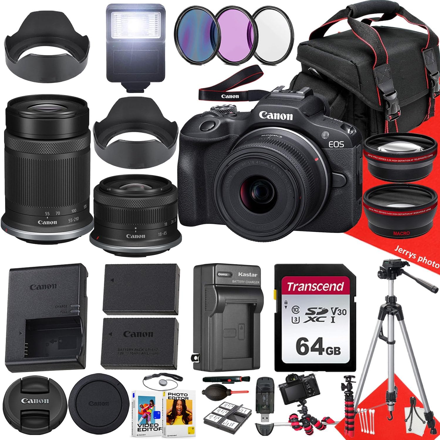 Canon EOS R100 Mirrorless Camera with RF-S 18-45mm f/4.5-6.3 is STM and Canon RF-S 55-210mm f/5-7.1 is STM Lens + 64 GB Memory + Extra Battery + Filters + More (31pc Bundle) (Renewed)