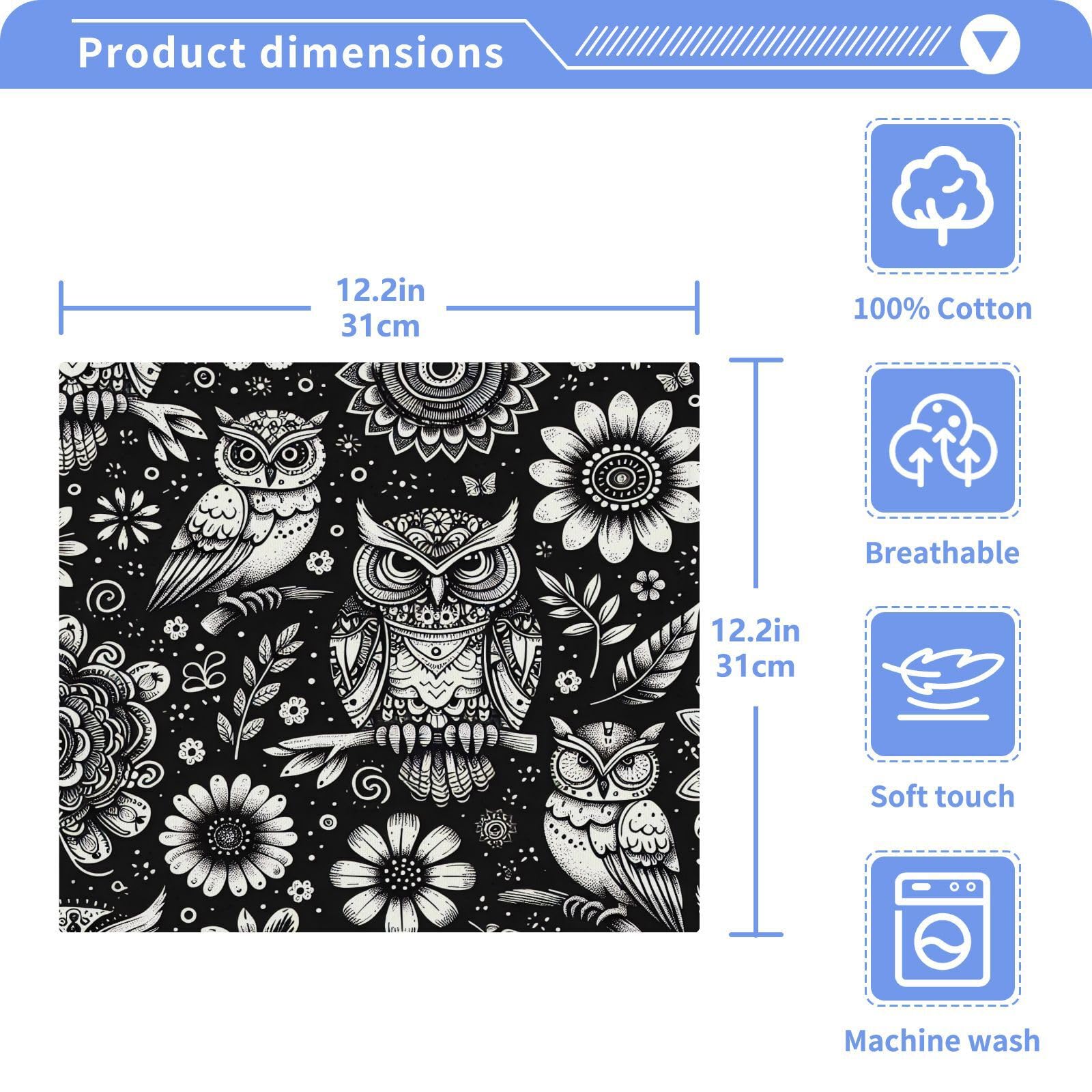 YANENDIE Black White Owls Washcloths Towels, Highly Absorbent and Soft Cotton Face Cloths, 2 Pack Quick Dry Wash Cloths - 12 X 12 Inches