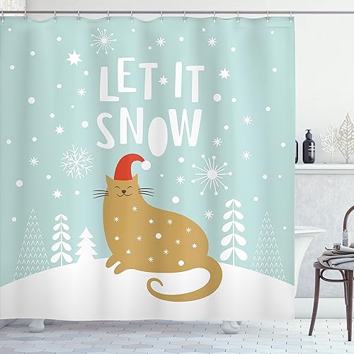 Miniatura 98 de Ambesonne Cortina de ducha de Navidad, estilo retro, palabras de deseos de Navidad con forma de árbol con adornos, juego de decoración de baño de