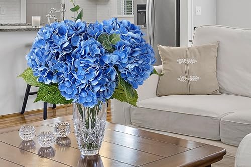 Miniatura 7 de 3 piezas de hortensias de color azul oscuro al tacto real de 21 pulgadas, hortensias grandes de látex con tallos largos para centros de mesa de
