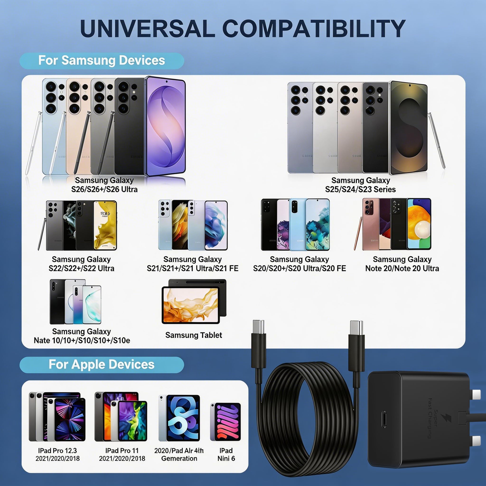 USB C Charger for Samsung Fast Charger USB C Plug & Cable 3M Long 25W Type C Super Fast Phone Charging Android Adaptor UK 2-Pack for Galaxy S26/S25 Ultra/S24/S23/S22/S21/A56/A55/A36/A17/A16/Note 20/10 — view 6