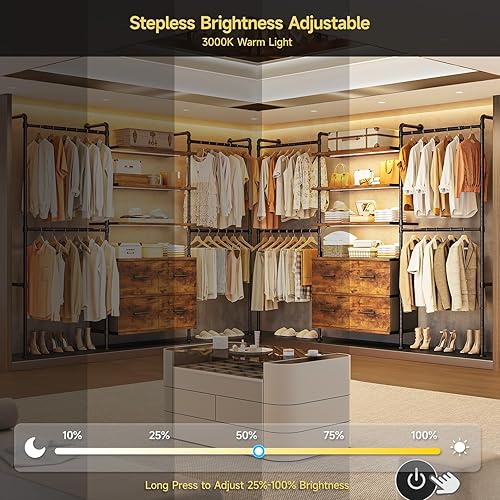 Miniatura 3 de Sistema de armario T3 con luz LED regulable continua, perchero industrial de tubería con 4 cajones, 6 estantes de madera y 4 varillas telescópicas