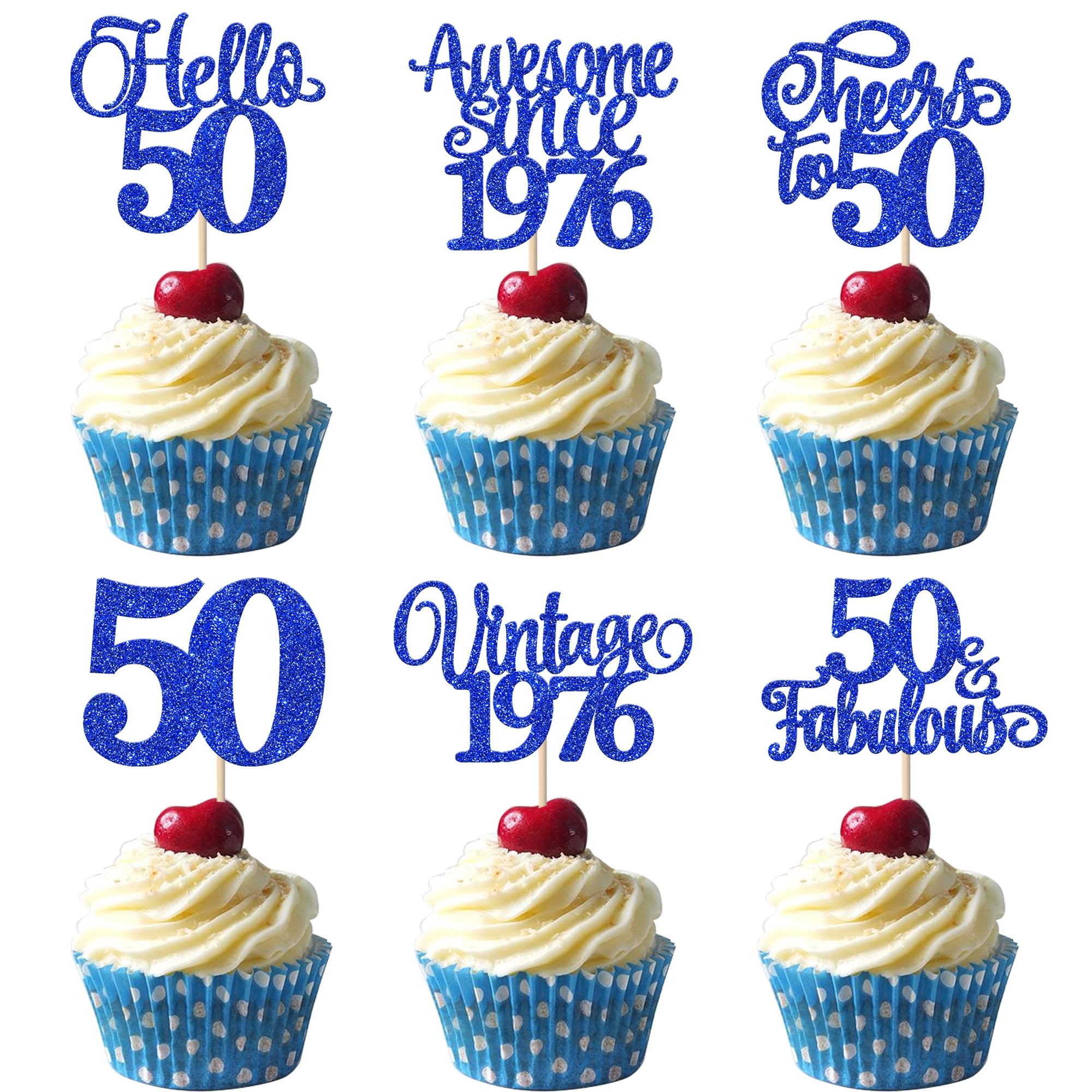 Xsstarmi 24 Pack Vintage 1976 Cupcake Toppers Glitter Blue Hello 50 Fabulous Fifty Cupcake Picks Cheers to 50 Years Birthday Cake Decorations for Happy 50th Birthday Anniversary Party Supplies