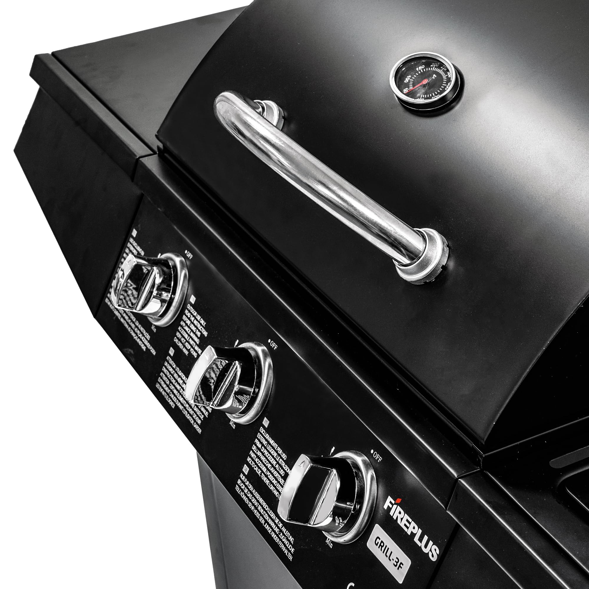Amig - Barbacoa de gas Fireplus 3+1 de 8,4 kW - Acero inoxidable Negro - Parrilla con ruedas Modelo GRILL-3F - Barbacoa XXL con carro y termómetro - 117x52x103 cm - 4 quemadores y Bandeja lateral