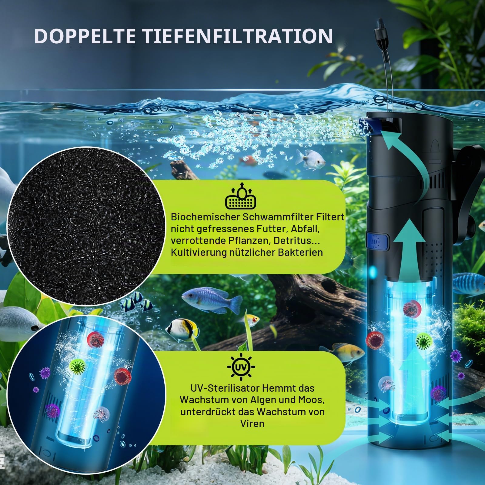 EXLECO 4 in 1 Aquarium 700L/H 18W Filter mit 7W UV Lampe UVC Klärer | Inennfilter, Aquariumfilter für Tank 150-300L, Aquarien Filterpumpe Skimmer Schwammfilter für Aquarien Filtermaterial