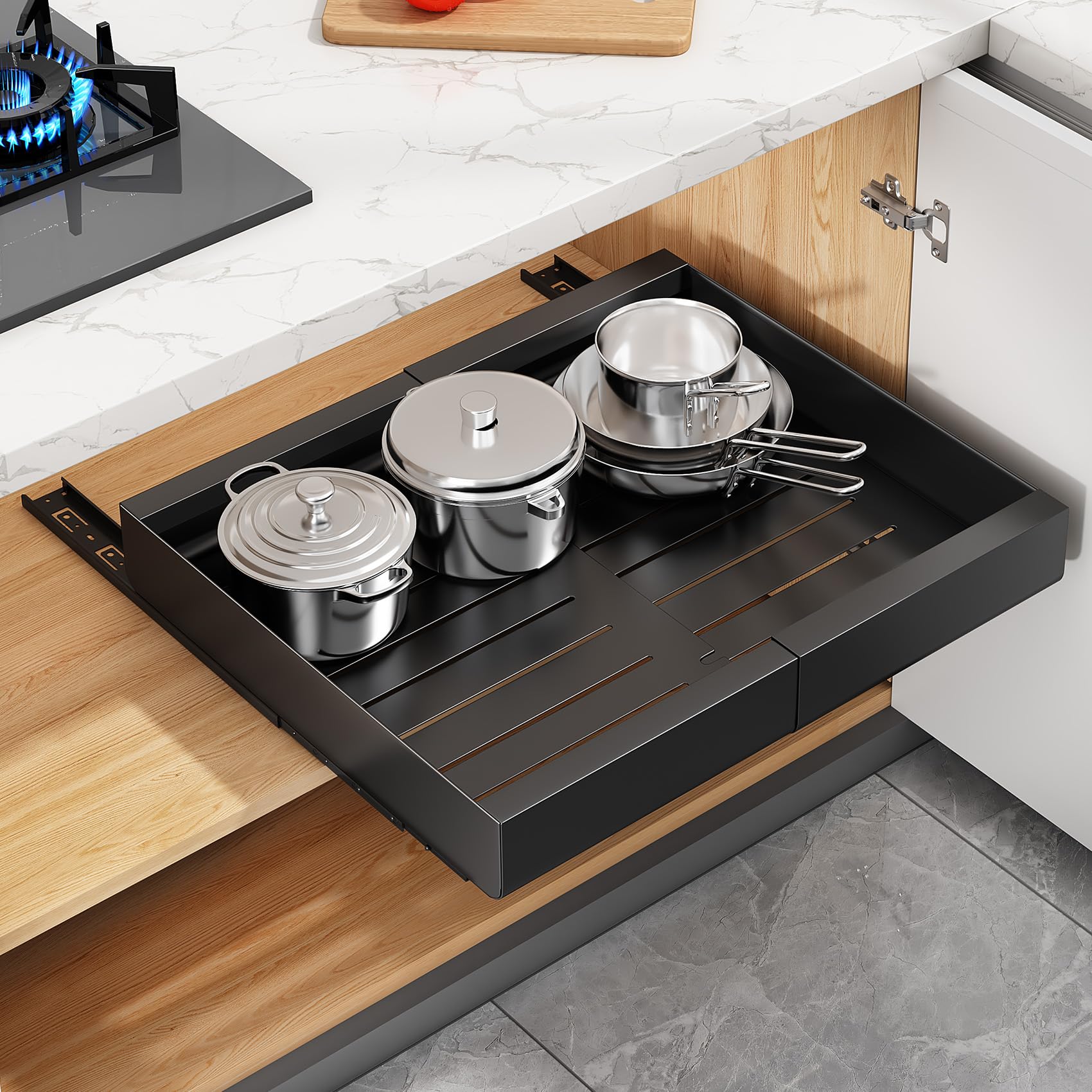 SAYZH Pull Out Cabinet Organiser, Extendable Pull Out Storage, Adjustable Slide Out Drawer Storage Shelves for Kitchen Cupboard with Adhesive Film (43Depth x 30-50Width x 6Height CM)