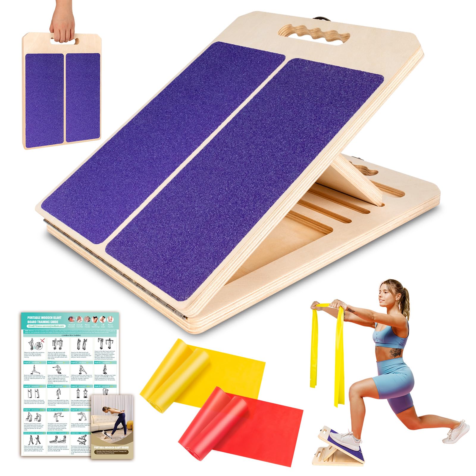 Wooden Slant Board for Calf Stretching, Portable Adjustable Calf Stretch Board with Training Poster & Resistance Bands, 300lb Weight Capacity Calf