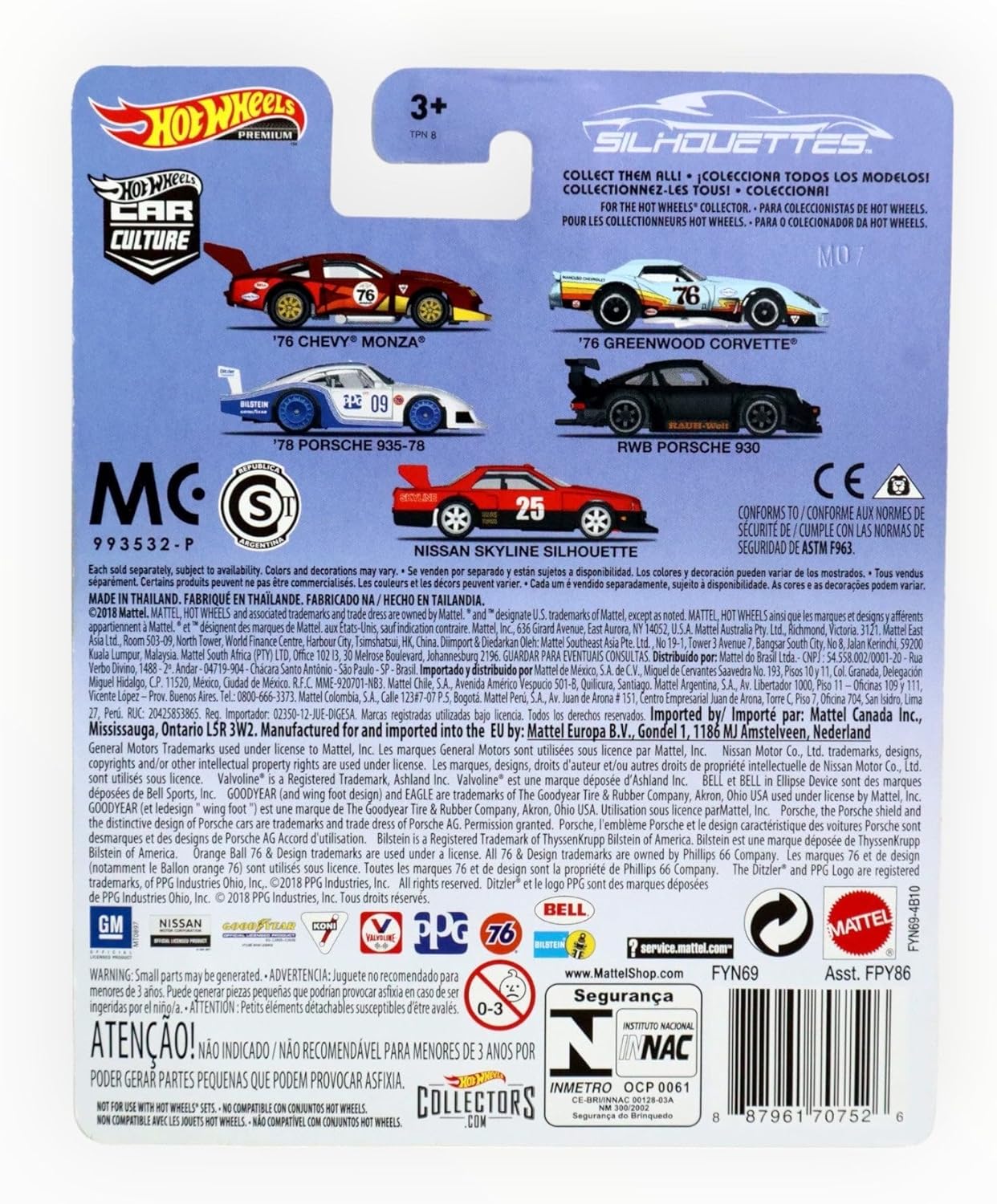 Back view of the Hot Wheels Car Culture '76 Chevy Monza packaging, showing product details and other models in the series.