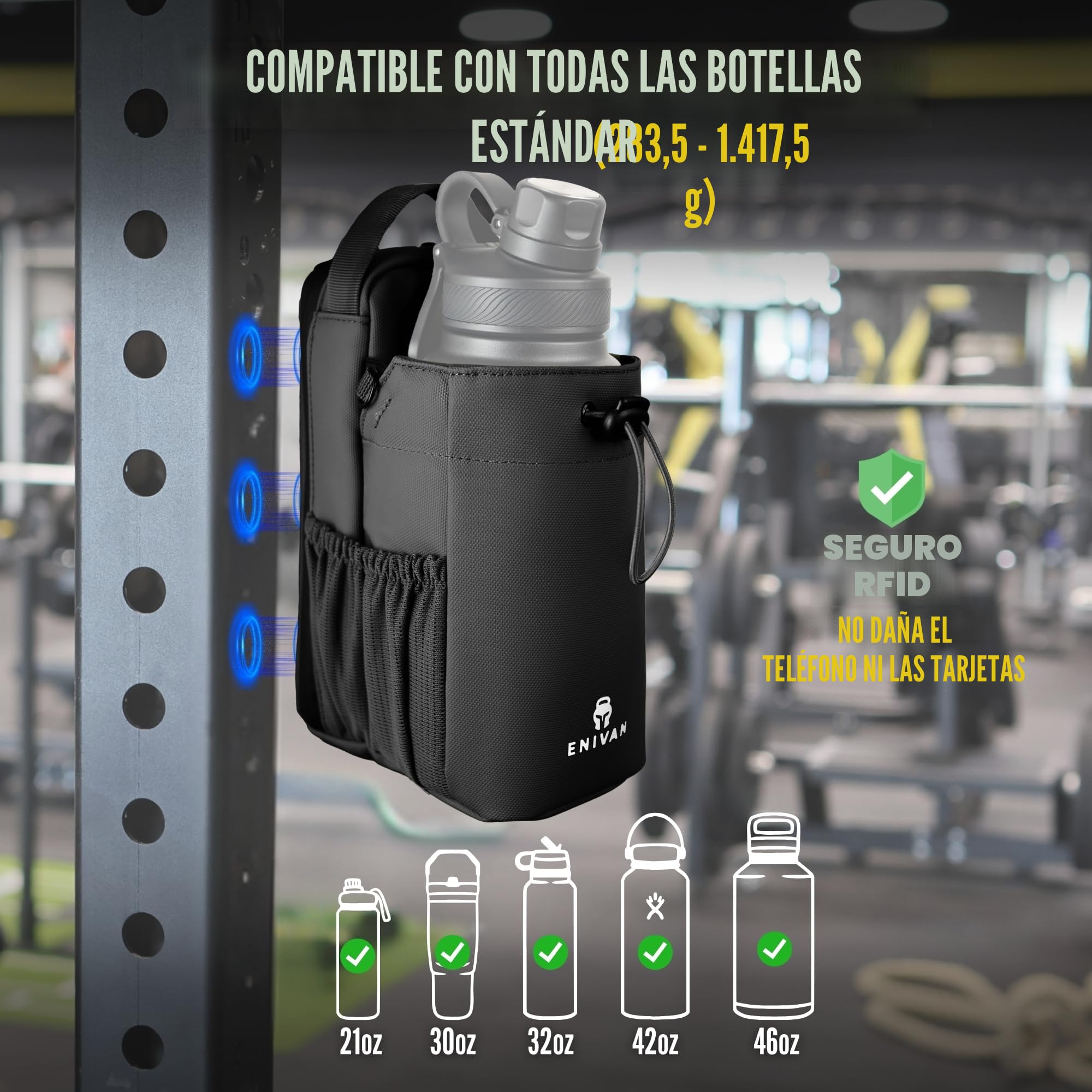 Bolsa Deportiva magnética, Soporte para Botella 1,5L, Bolsillo para móvil, Correa Ajustable Hombre Mujer, mosquetón Llaves, riñonera para Fitness, Gimnasio, musculación, Negro