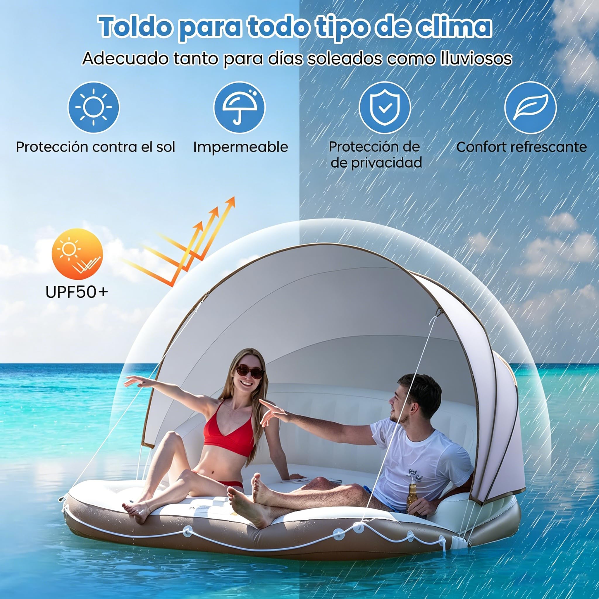 GYMAX Flotador Hinchable Grande para 2 Personas, Isla Flotante Inflable con Toldo Solar Desmontable y Ajustable (UPF 50+), 2 portavasos, Colchoneta Hinchable para Piscina y Playa, Carga de 200 kg