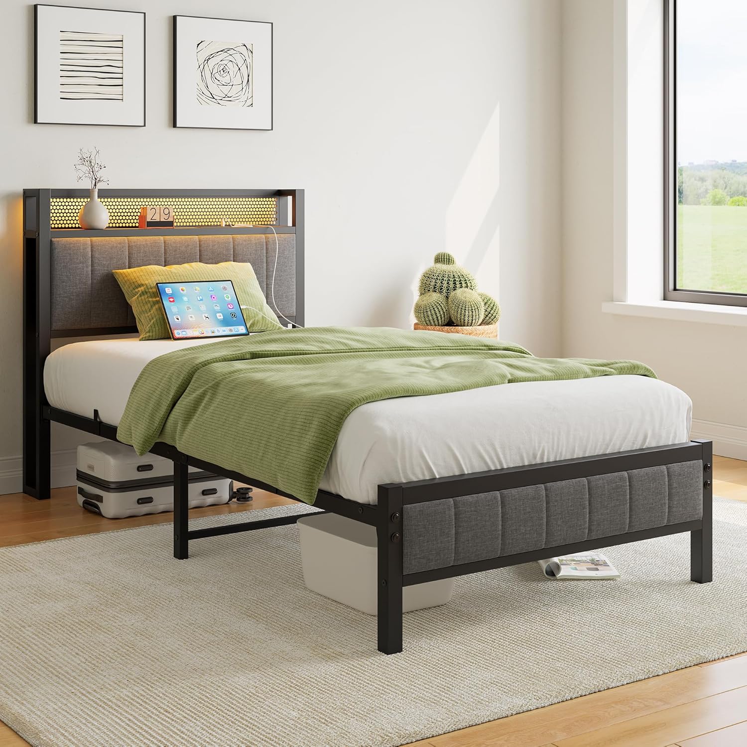 Twin Bed Frame with Charging Station and LED Lights,Upholstered Headboard with Storage Shelves,Metal Single Platform Bed Frame Twin Size with Strong Metal Slats Support No Box Spring Needed,Noise Free