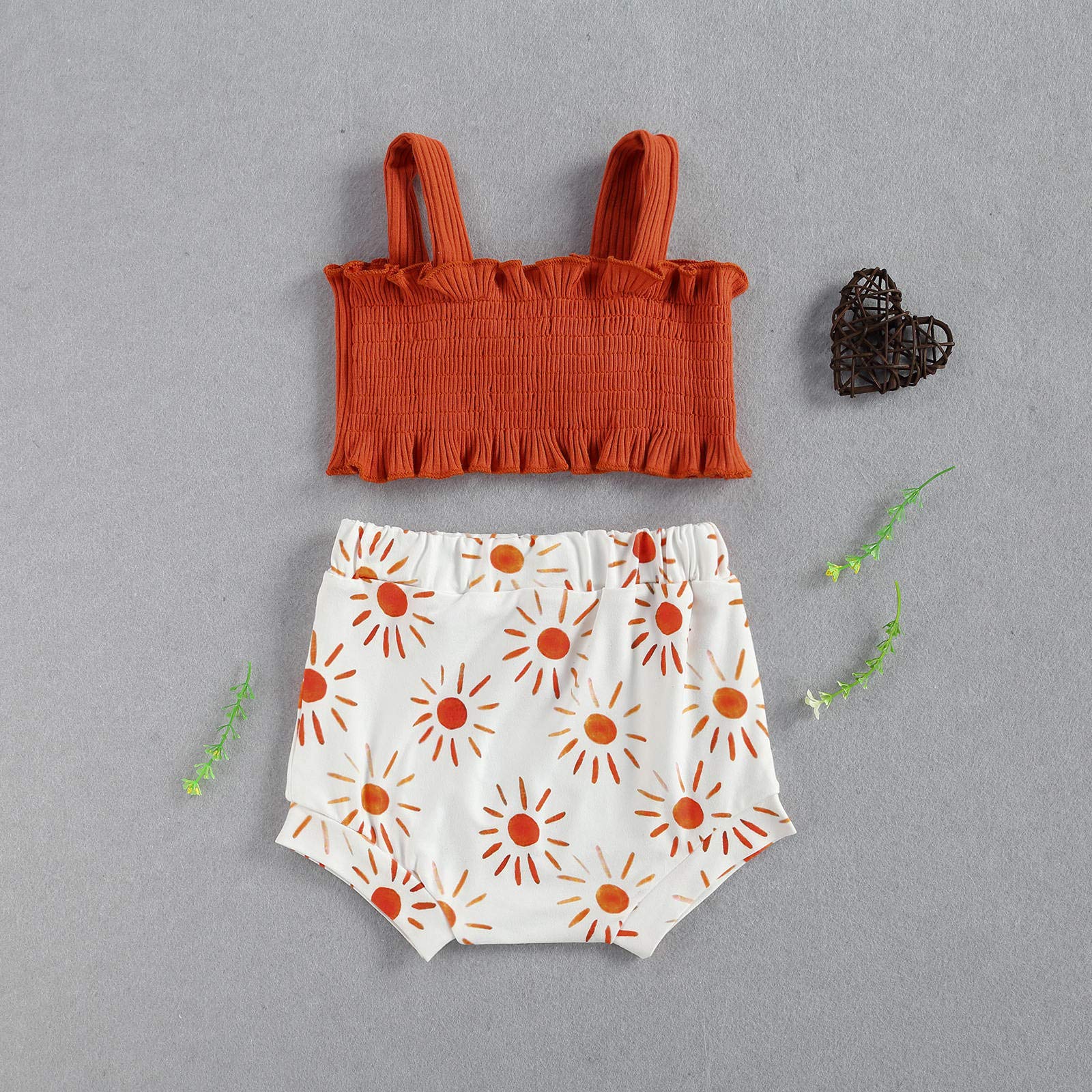 Fashion 2Pcs/Set Baby Girl Summer Outfits, Knitted Crop Tops with Big Bow Sun Rainbow Print Shorts (Caramel Sun, 0-6 Months)