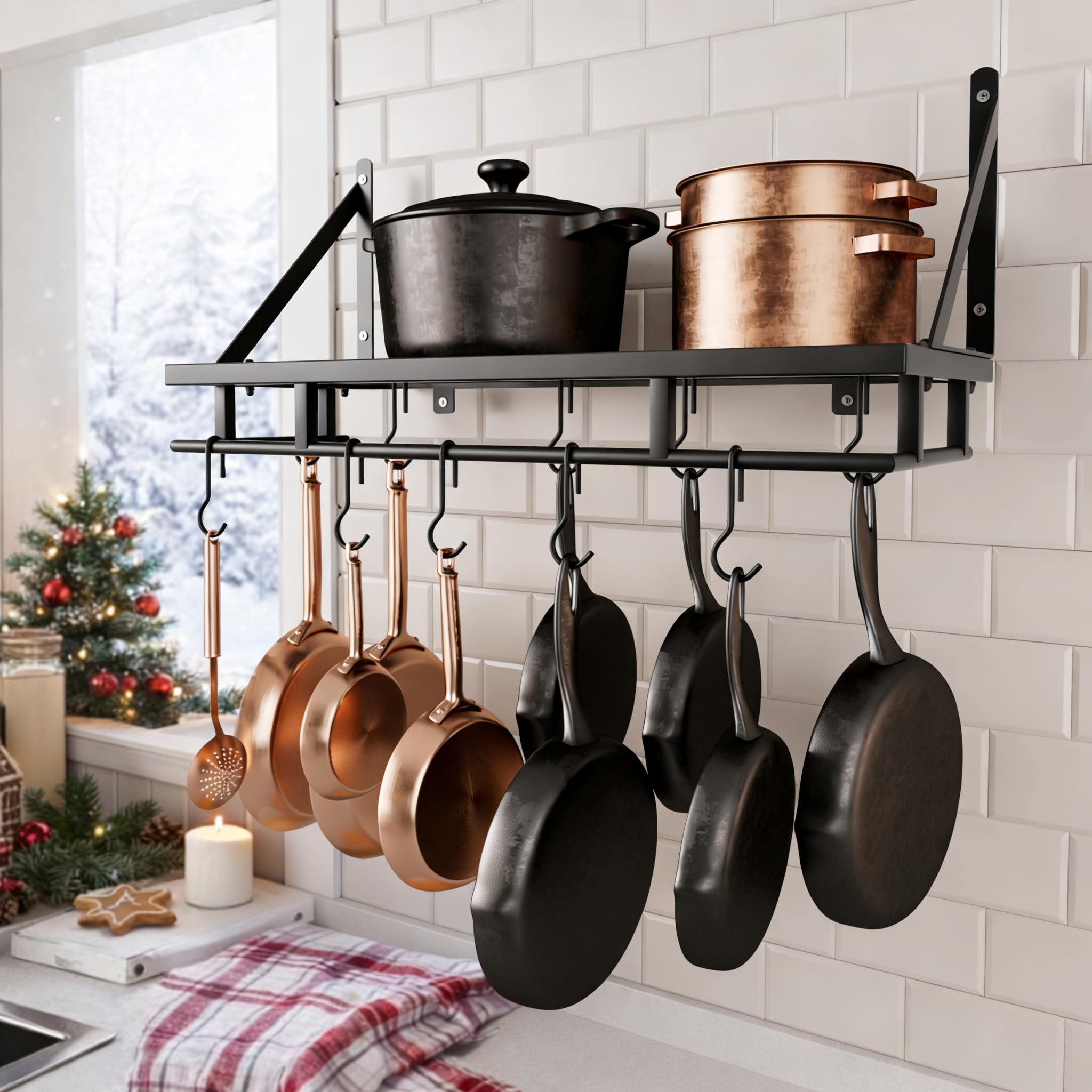 KES 24 Inch Kitchen Pot Pan Rack Wall Mounted Hanging Storage Organizer Wall Shelf With Hooks Matte Black, KUR215S60-BK