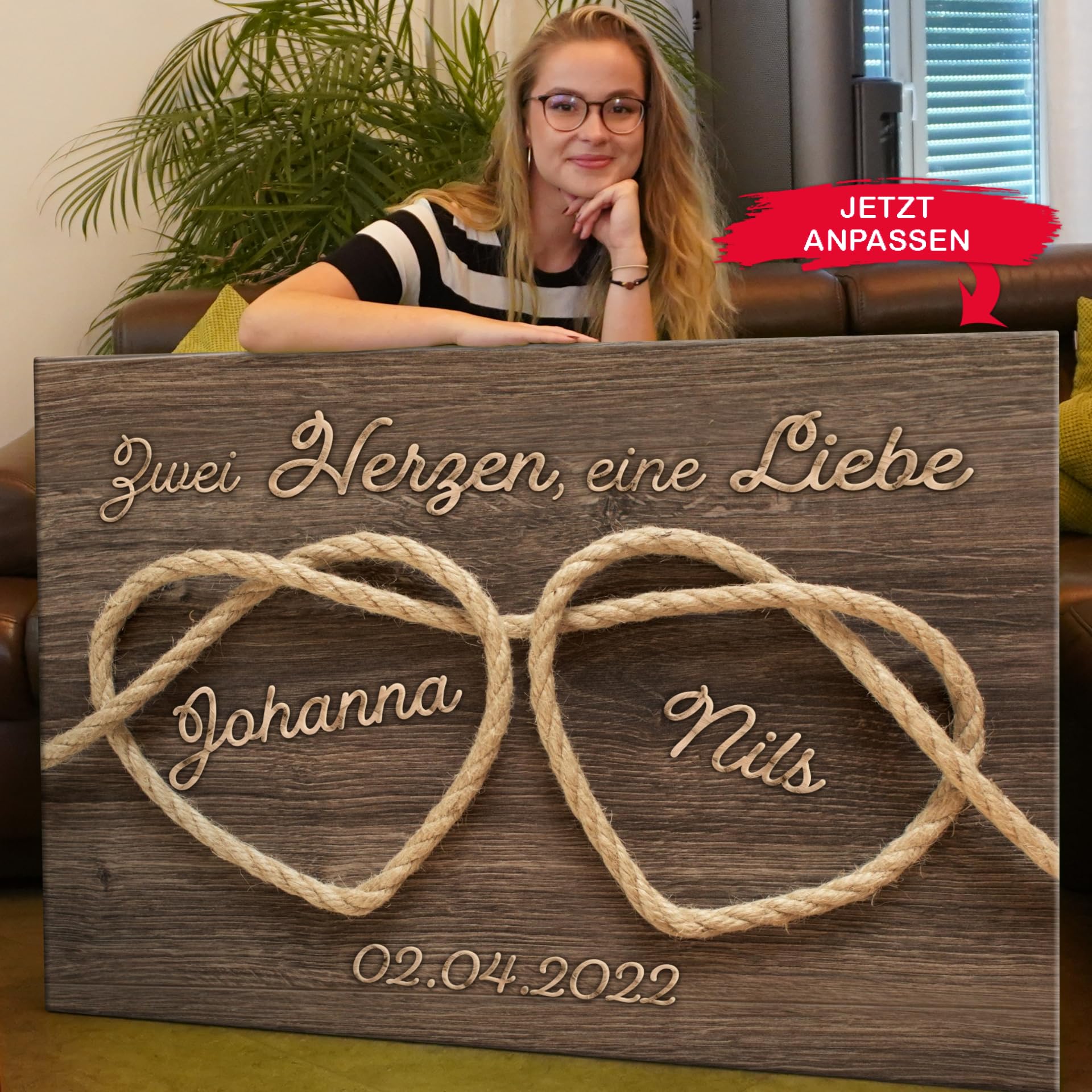 Liebesleinwand Das sind wir Leinwand: Verknüpfte Herzen | Leinwandbild mit Namen und Datum | Wandbild gestalten | Jahrestag Geschenk für Frau Freundin Mann Freund