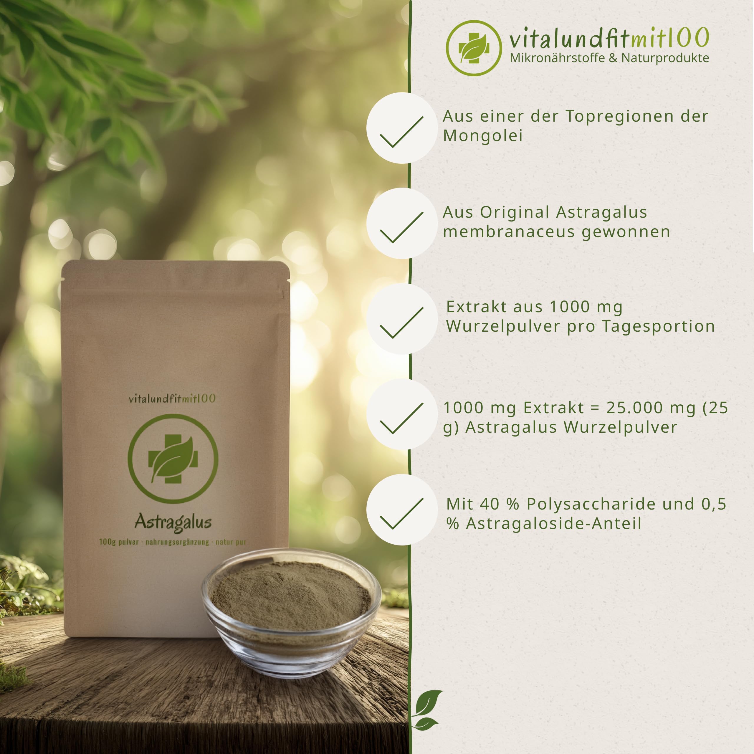 vitalundfitmit100 Astragalus Extrakt Pulver 100g – Astragalus Wurzel Extrakt – Standardisiert mit Polysacchariden