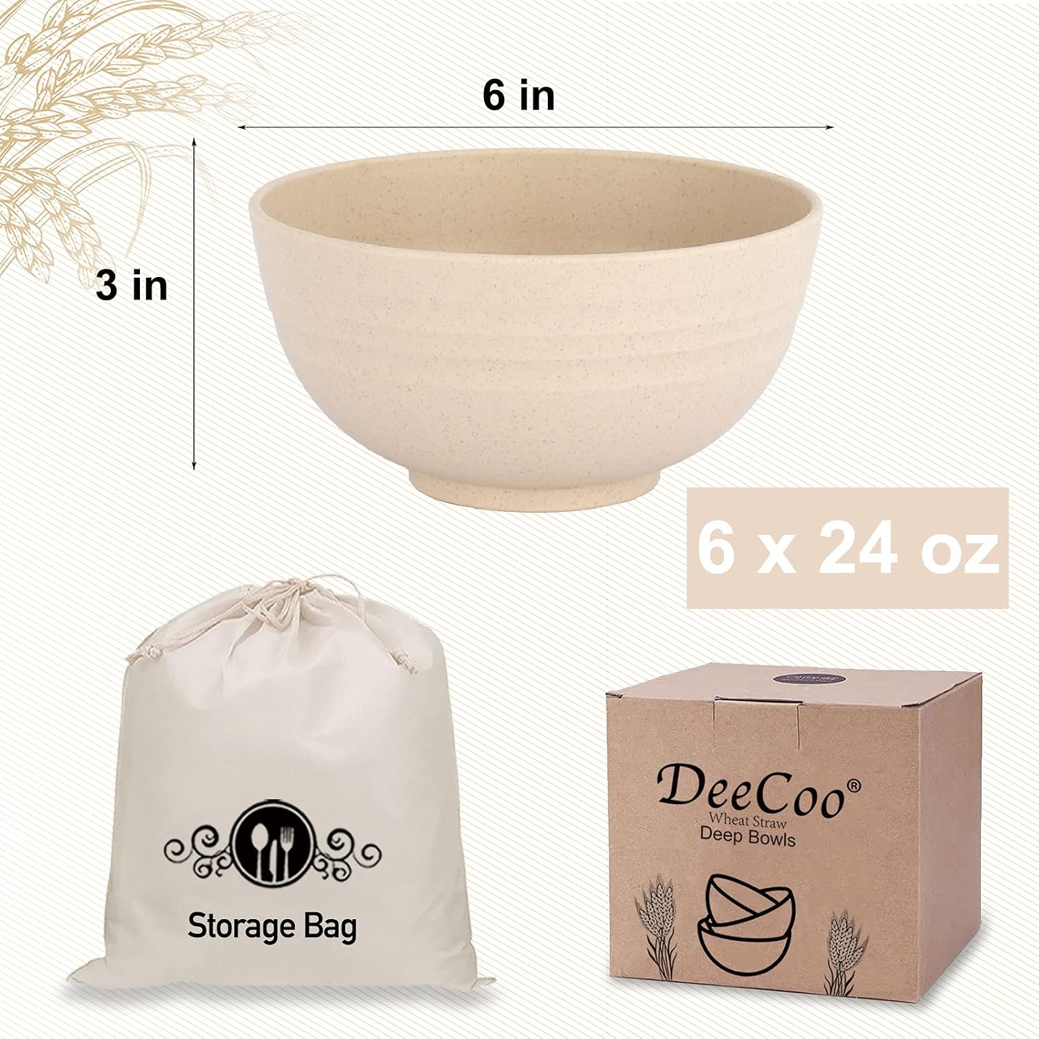 DeeCoo Large Size Unbreakable Cereal Bowls - 24 OZ Wheat Straw Fiber Lightweight Bowl Set of 6 - Dishwasher & Microwave Safe - for Children,Rice,Soup, Salad Bowls