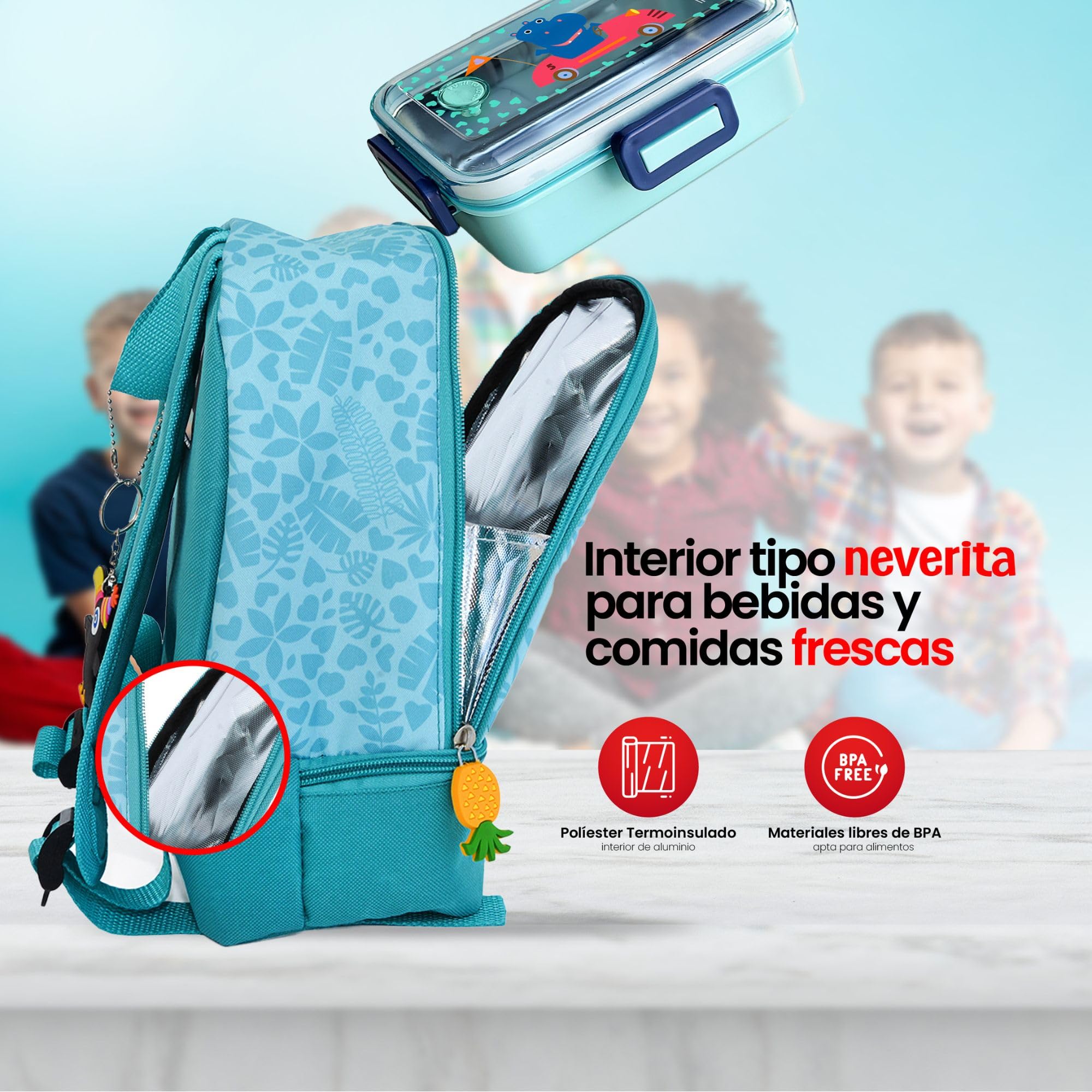 Iris Barcelona Mochila Infantil 2 en 1 con Nevera Termoinsulada – Diseño de León – Bolsa de Almuerzo para Niños con Asa Ajustable y Llavero – Ideal para Guardería, Excursiones, Playa y Vuelta al Cole