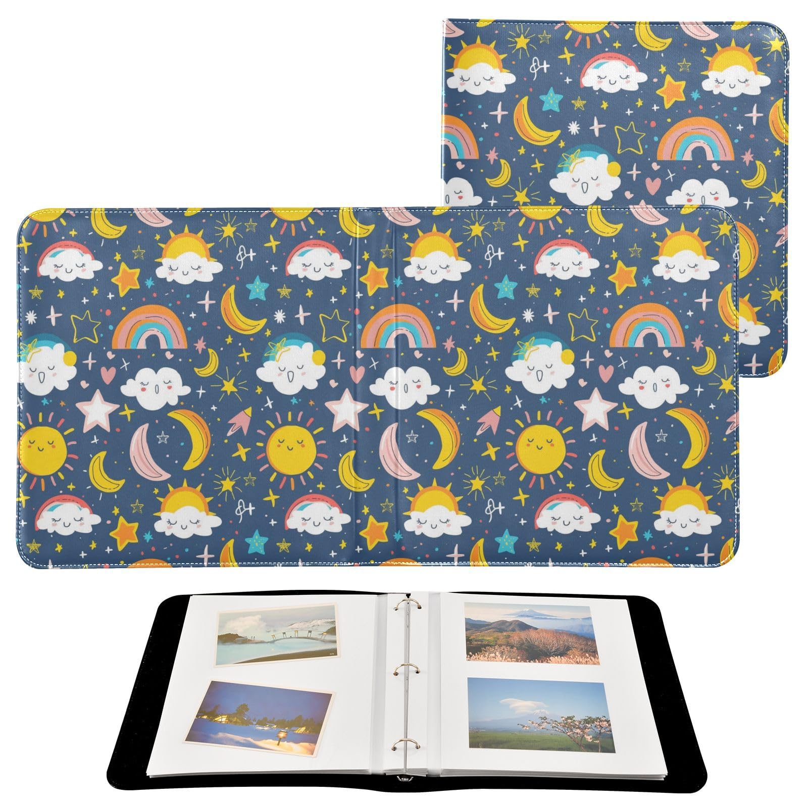 JIPONI Sun White Clouds Stars Large Photo Album, DIY Leather Cover Scrapbook Albums for 4x6 5x7 6x8 Pictures, Self Adhesive Memory Book for Wedding, Baby, Family