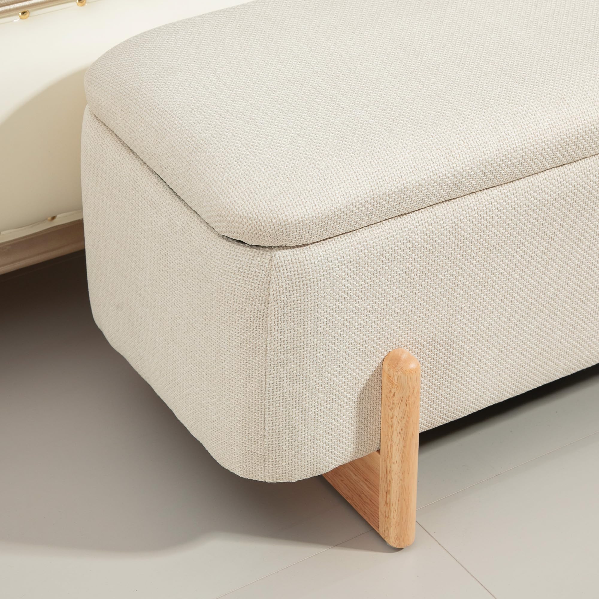 HOMCOM Panca con vano portaoggetti, panca imbottita effetto lino, cassapanca con cerniera di sicurezza, gambe in legno, per soggiorno, camera da letto, corridoio, 111 x 44 x 44,5 cm, bianco crema