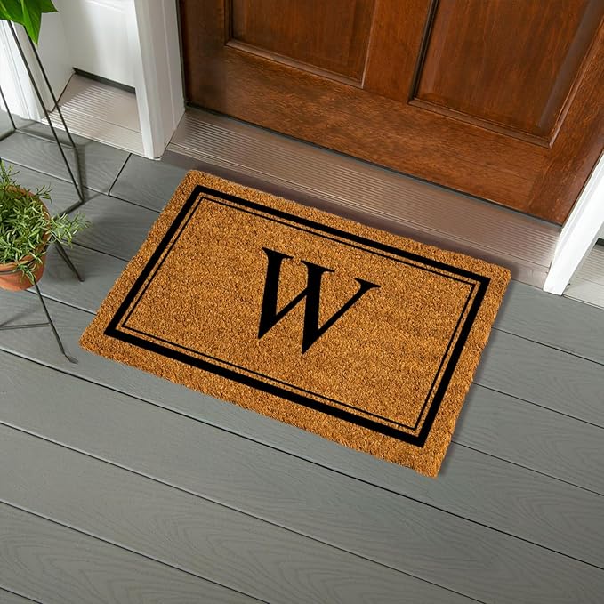 Evergreen Monogram Letter W Entrance Doormat | 28 x 16 inches | Dirt Catching Natural Coir | All-Season | Non-Slip Backing | Indoor and Outdoor Home Decor