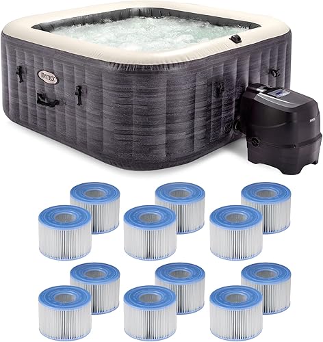 Intex 28449EP PureSpa Plus Greystone - Bañera de hidromasaje cuadrada inflable, 83 x 28 y 29001E PureSpa Tipo S1 Cartuchos de repuesto de filtro de