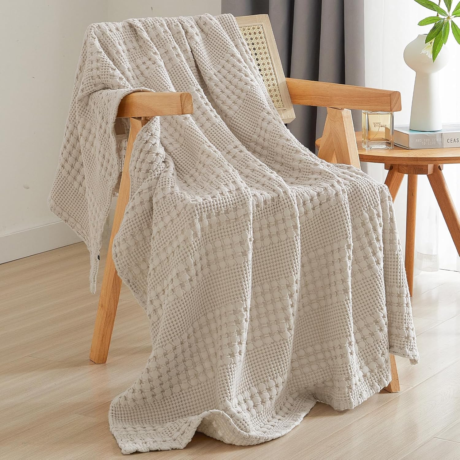 PHF 100% Cotton Waffle Weave Throw Blanket, Soft Lightweight Breathable Cozy Summer Throws for Couch Bed Sofa, Luxury Aesthetic Woven Blanket for Home Decor & Office, 50″x60″, Oatmeal