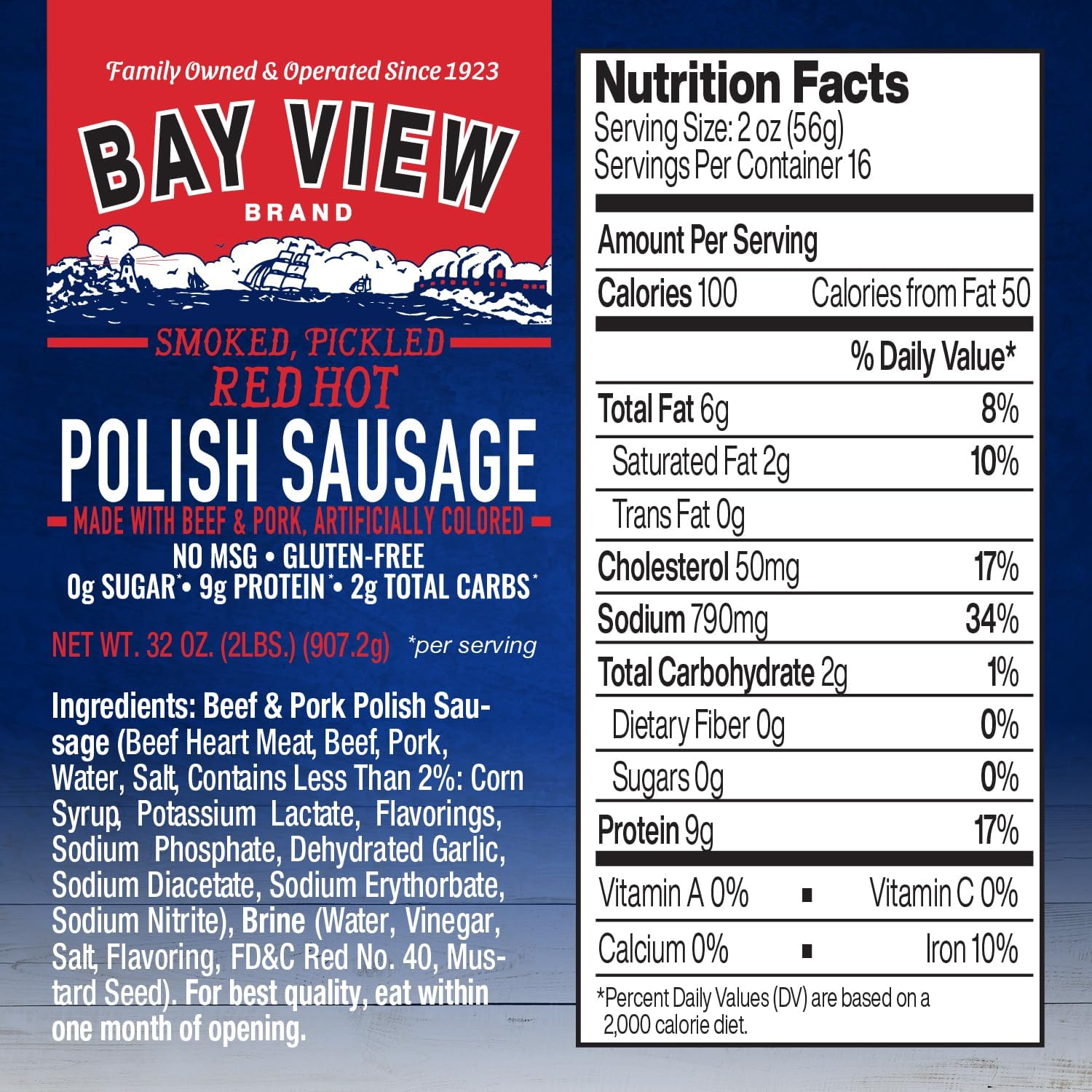 Bay View Smoked Pickled Polish Sausage, No MSG, Gluten Free, No Soy, 0g Sugar, 8g Protein, Hardwood Smoked, Mouthwatering Pickled Snack (1, Hot)