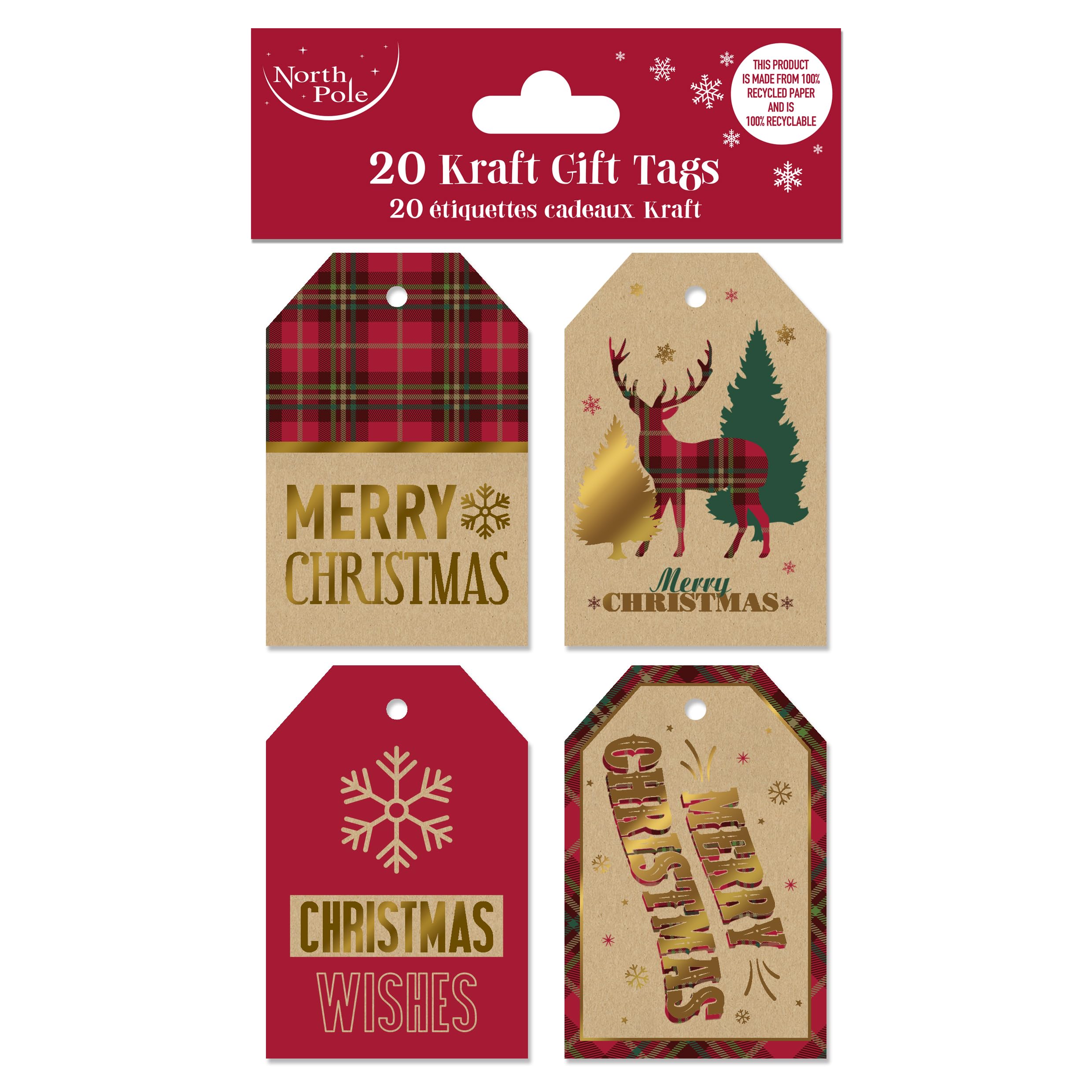 Eurowrap Brown 20 Christmas Tartan Kraft Gift Tags – 4 Assorted Festive Designs – 100% Recycled Kraft – Pre-Strung With Natural Raffia – 6 X 9 Cm