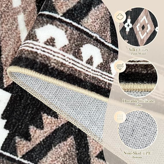 Tijuboni Western Rugs for Living Room Non Slip, Southwestern Area Rugs for Dining Room Kitchen Bedroom Nursery, Washable Rubber Backing, 5x7 Aztec Black-White-Brown