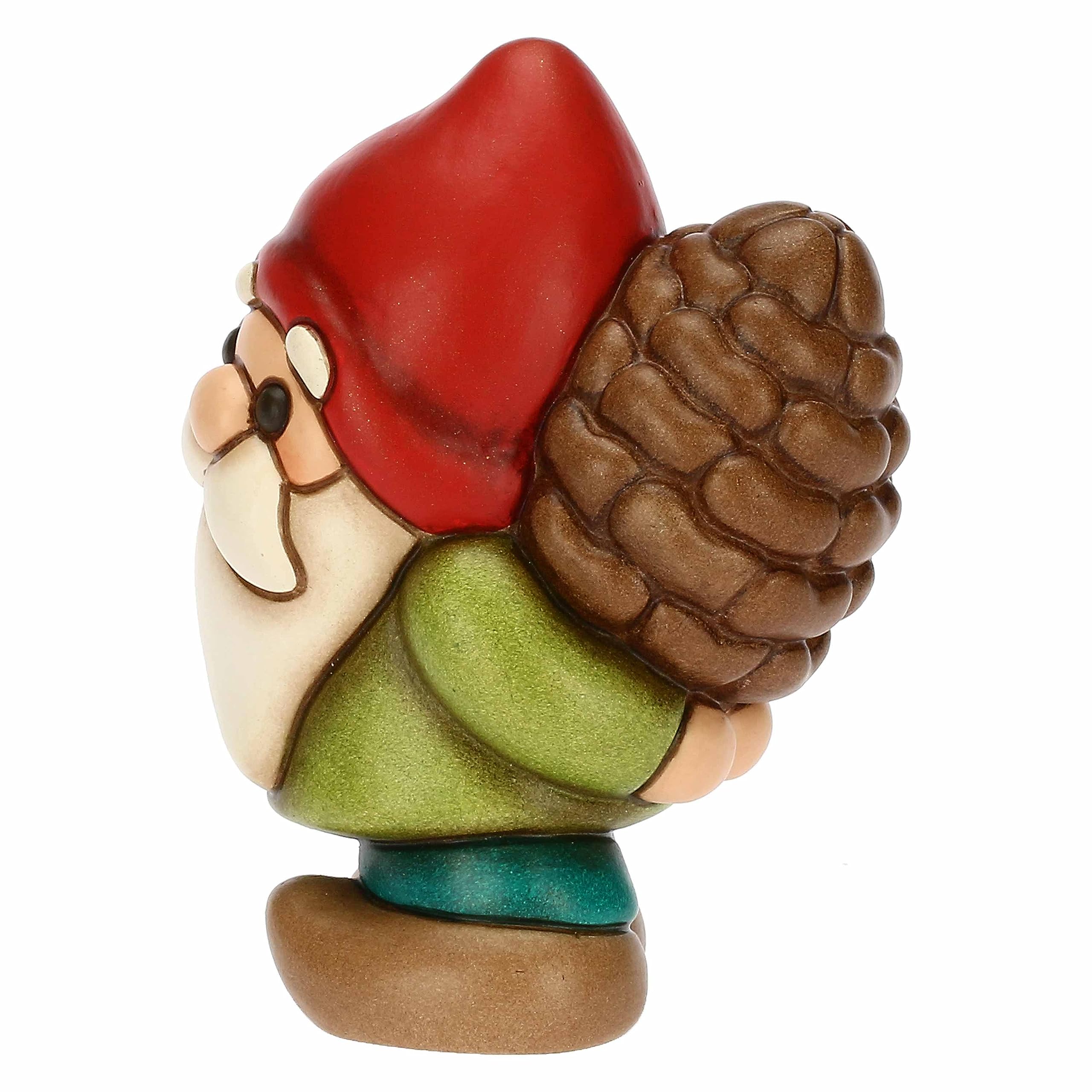 THUN, Gnomo Oliver con Pigna in Ceramica Decorata a Mano, Linea Bosco Magico, 7x5.8x9.5 cm h