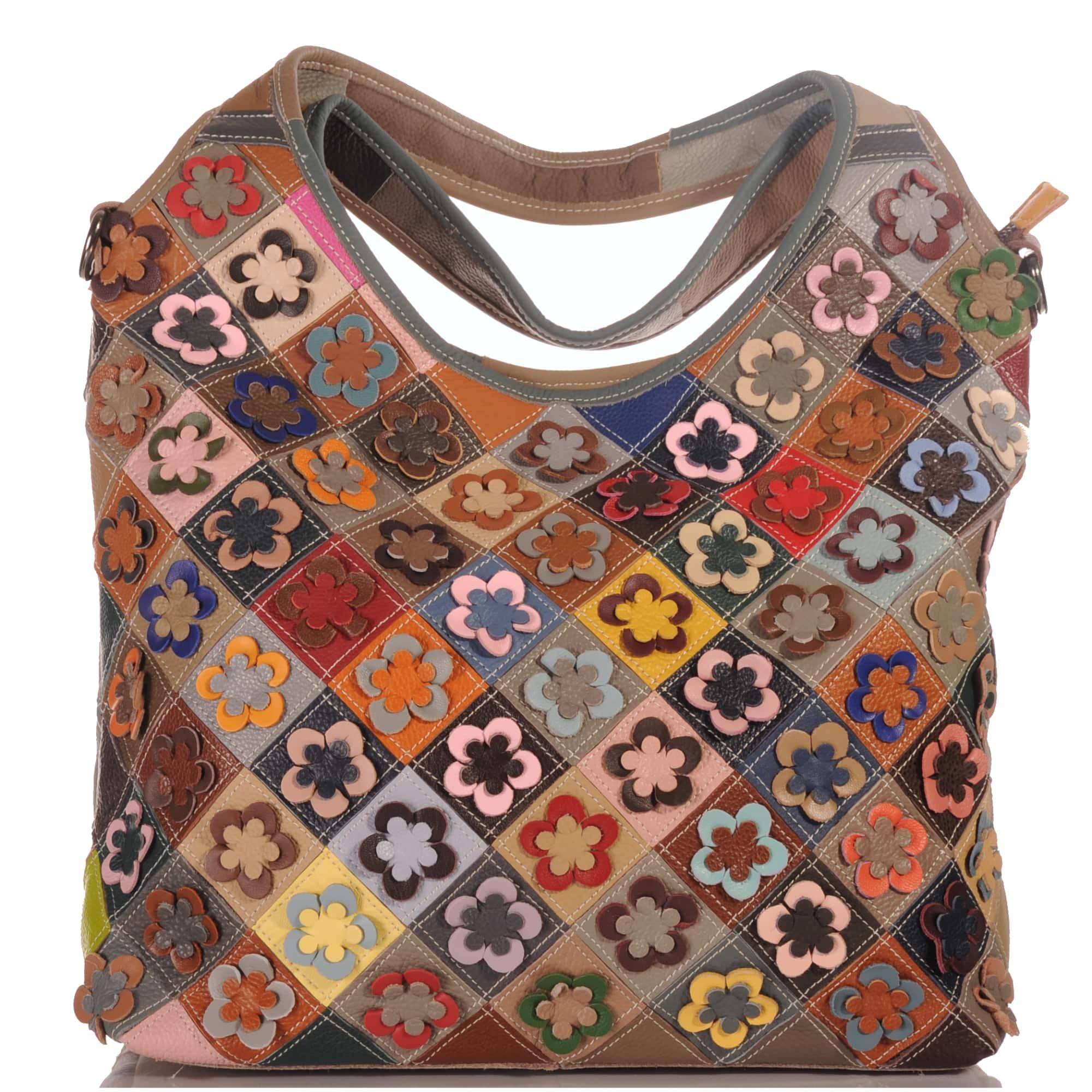 KMISSO Damen Schultertasche Leder Patchwork Blumen – großer Shopper aus Echtleder, designed in Italy, bunte Hobo Bag 44x32x14 cm mit Reißverschluss & Innenfächern
