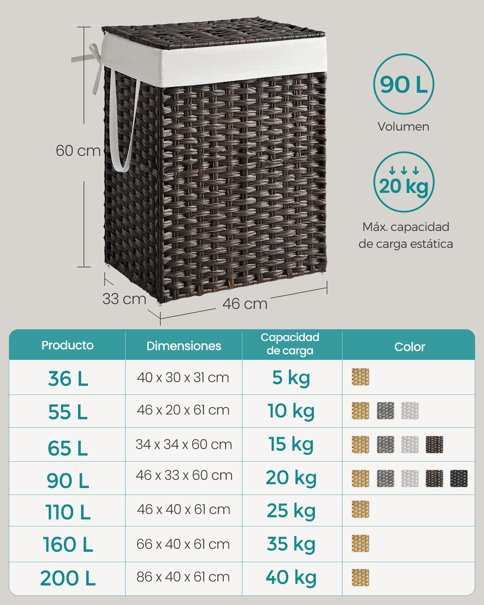 SONGMICS Cesta de Almacenamiento, Cesta de Lavandería de 90 L con Tapa, Plegable, Bolsas de Tela Extraíbles y Asas, para Mantas, Ropa, Salón, Dormitorio, Lavadería, Marrón LCB051K02