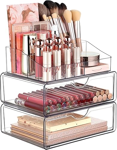 Vtopmart Organizador de maquillaje transparente de 3 niveles con cajón, almacenamiento de cosméticos para tocador y tocador de baño, soporte de